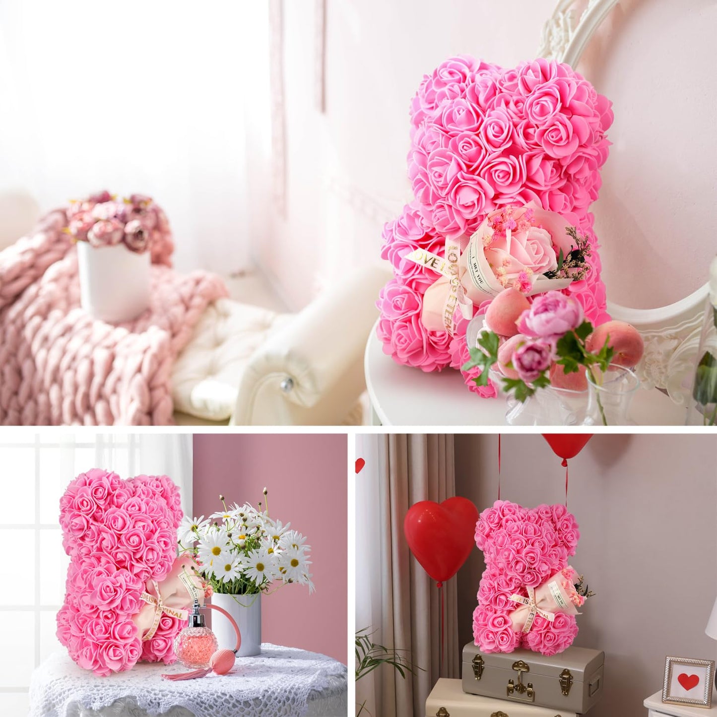 K KYMAKE Mothers Day Rose Gifts for Mom Rose Bear Pink Teddy Bear Birthday Gifts for Women Wife Daughter Girlfriend,Flower Bear with Rose Bouquet and I Love You Necklace