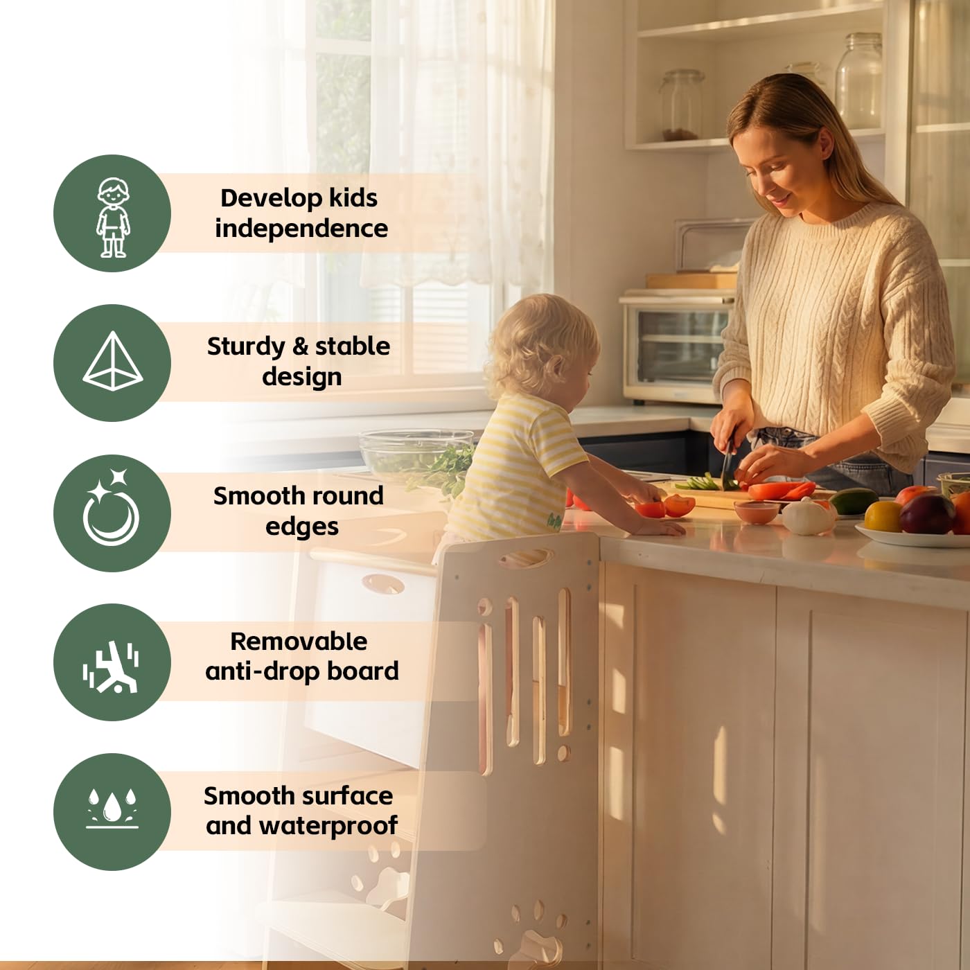 Toddler Tower,Height-Adjustable Step Stool with Sliding Safety Door,Easy to Adjust Height,Suitable for Kids from 18 Months to 5 Years Old,Anti-tilt Kitchen Step Stool with Safety Feet-Natural