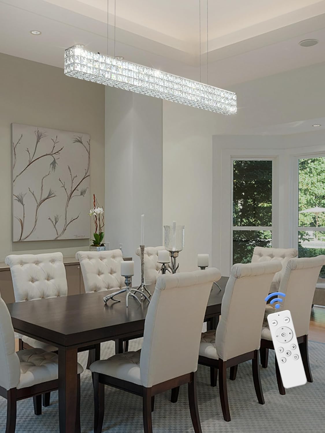 Modern Crystal Chandelier Silver Rectangular Crystal Chandelier Contemporary Linear Pendant Ceiling Light Fixture for Living Dining Room Kitchen Island (L 40")
