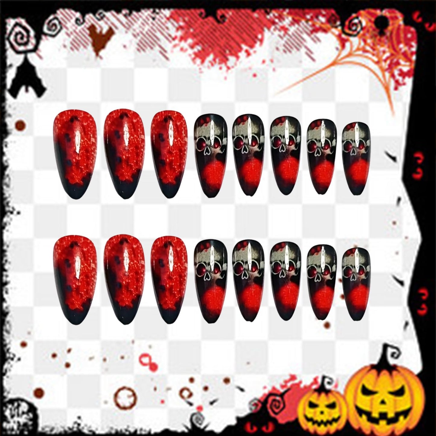 CJDLTS Halloween Press on Nails Medium Bloody Skull Design Medium Almond Tip False Nail Full Cover Glossy Acrylic Fingernails Halloween Press Ons Artificial Glue on Nails for Women 24Pcs
