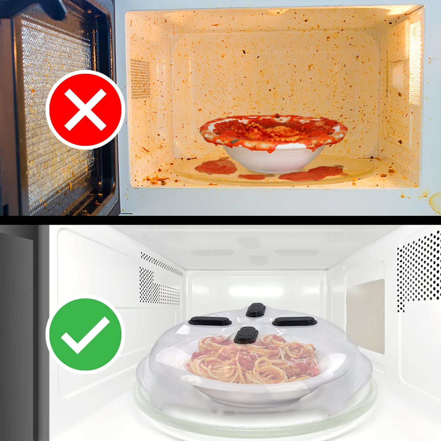 HOVER COVER Magnetic Splatter Cover, 12-Inch Clear BPA-Free Food Lid, Vented Plate Guard with Steam Vents, Anti-Splash Microwave Lid, Dishwasher Safe, Space-Saving Magnetic Storage - Onyx Black