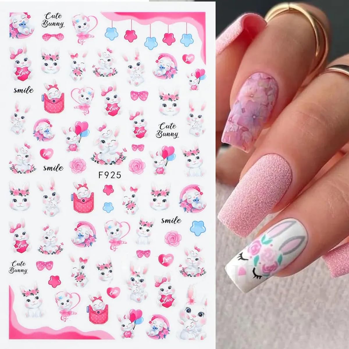 8 Sheets Easter Rabbit Nail Art Stickers Decals,3D Self-Adhesive Nail Art Accessories Cartoons, Rabbits, Animals, Hearts, Flowers,Designs Sticker Lovely Retro Rabbit Manicure DIY Nail Decorations