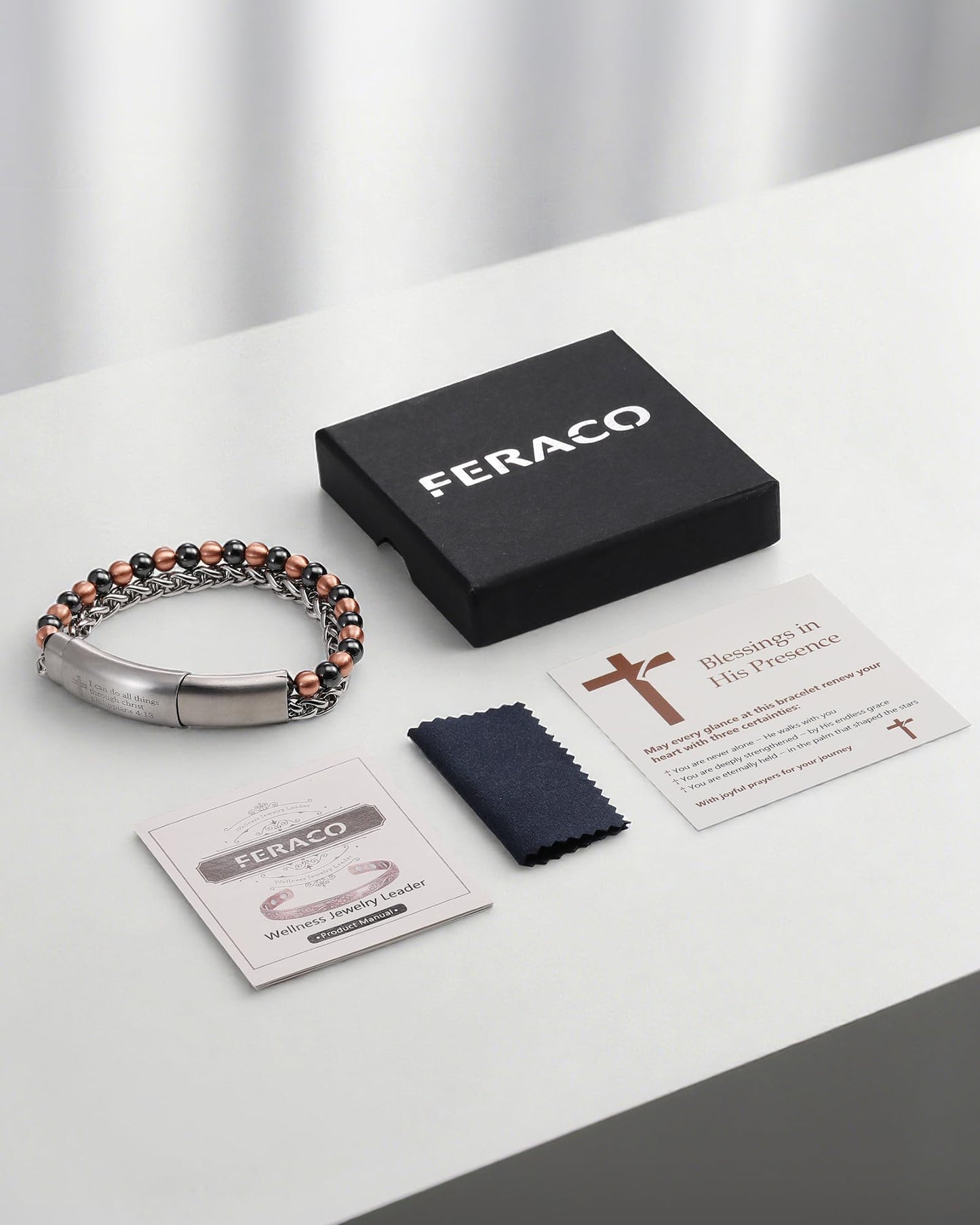 Feraco Magnetic Therapy Cross Copper Bracelet for Men,Hematite Beads Charm Bracelet for Dad,Friends,Brother