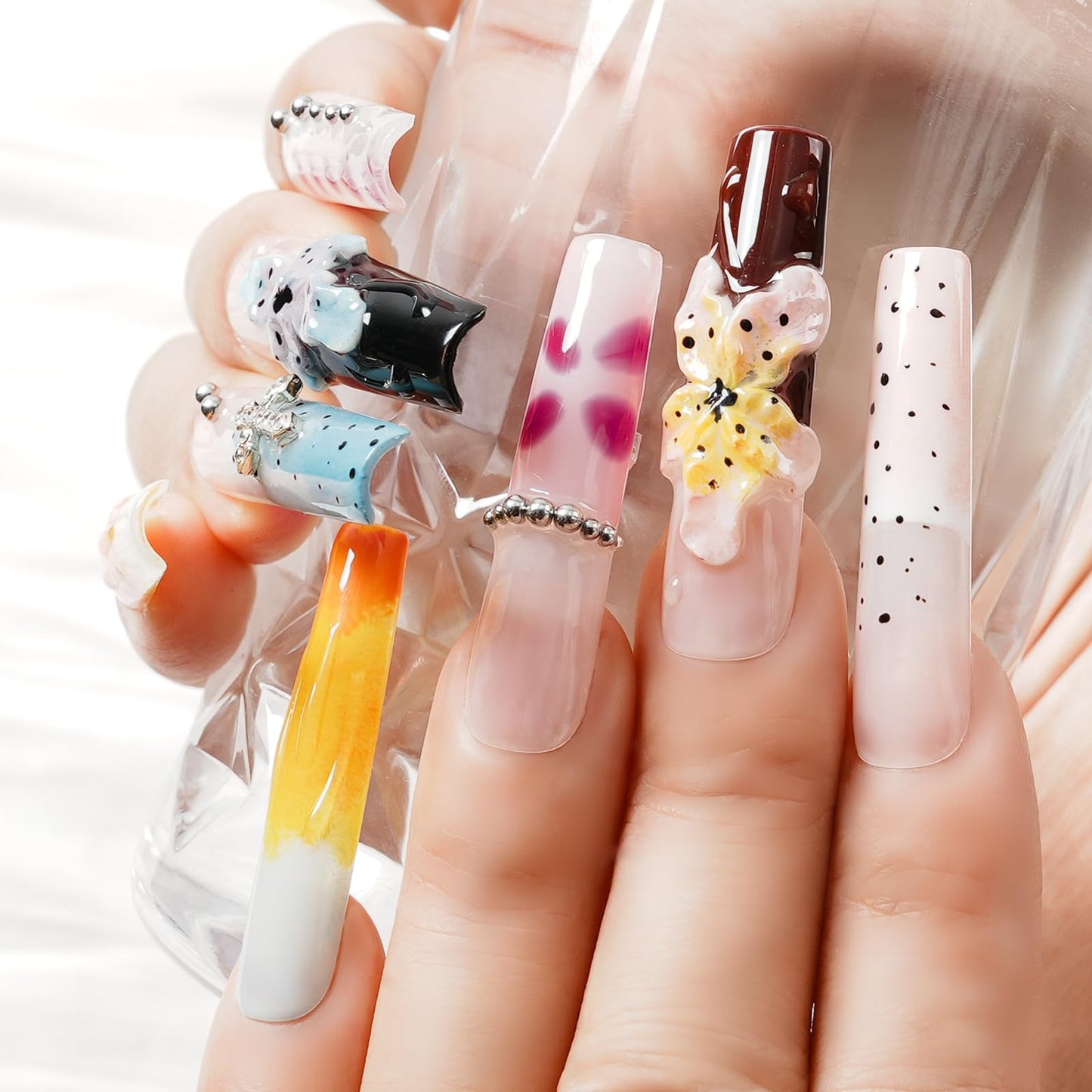 Tesytto Luxury Handmade Press on Nails - Long Square French Tips Press on Nail with 3D Flowers & Rhinestones Cross Design，Multi-Layer Gel False Nails for Women (Ice Crystal Water Lily,M)