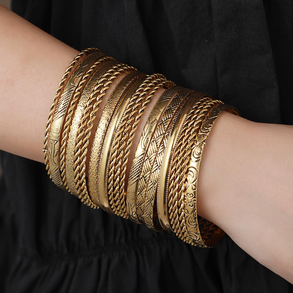 RINTOLER 19Pcs Gold Bangle Bracelets Set for Women - Multi Layered Stackable Textured Bracelets Womens Bangle Bracelets Boho Jewelrys for Women. (RTL-BG-SETa002)