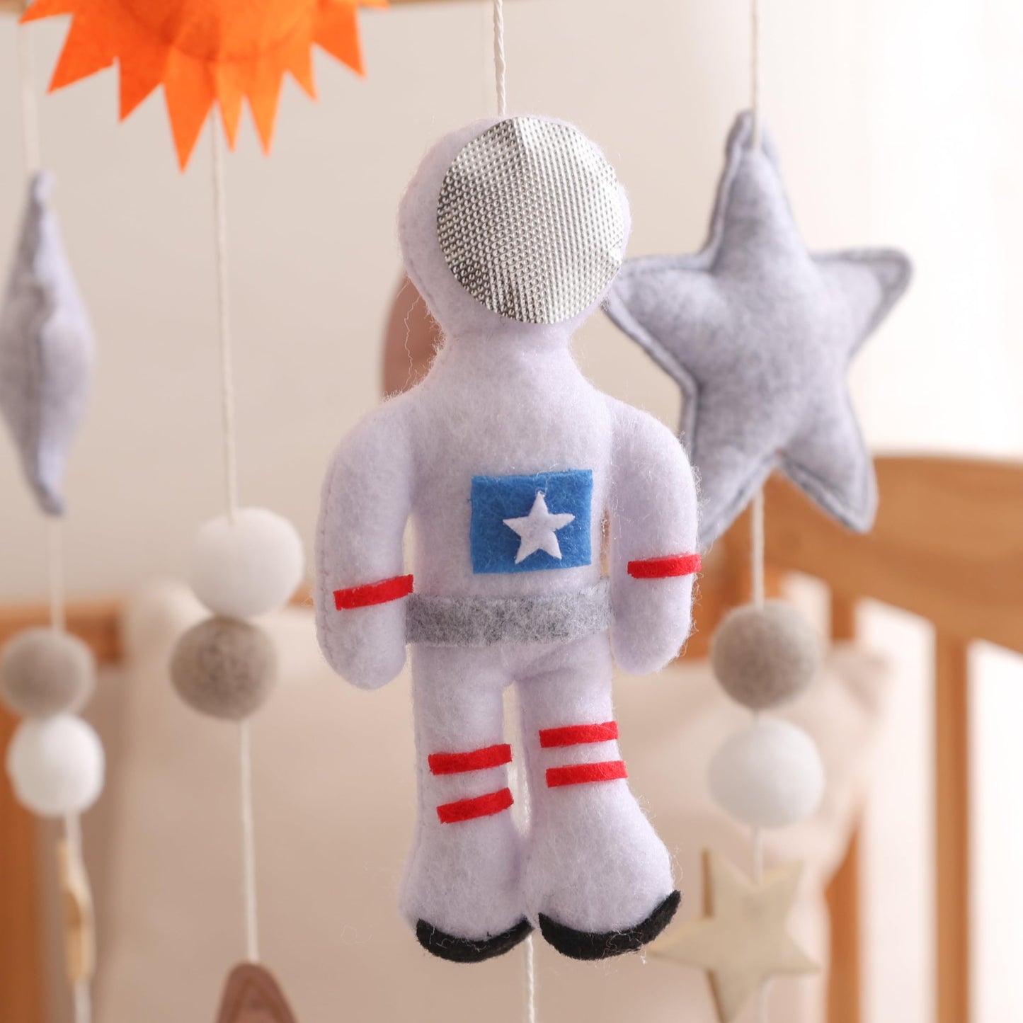 Baby Mobile for Crib – Handmade Space Baby Crib Mobile with Astronaut, Rocket & Planets, Nursery Mobiles Felt & Leather Hanging Toy with Beech Wood Ring, Mobile for Crib Bassinet Decor