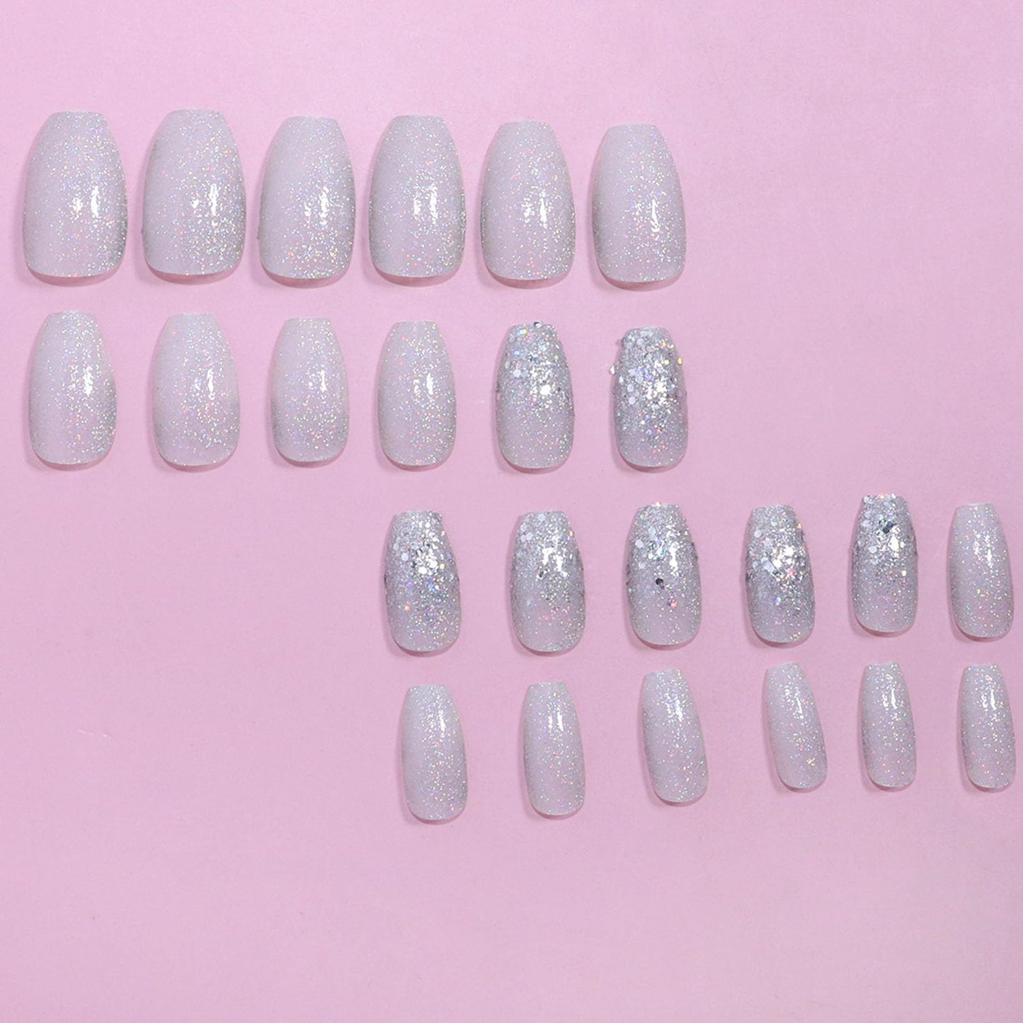 White Press on Nails Short Coffin Fake Nails Silver Glitter and Sequins Designs Glue on Nails Glossy Full Cover Acrylic Nails Simple and Natural Stick on Nails for Women 24 Pcs