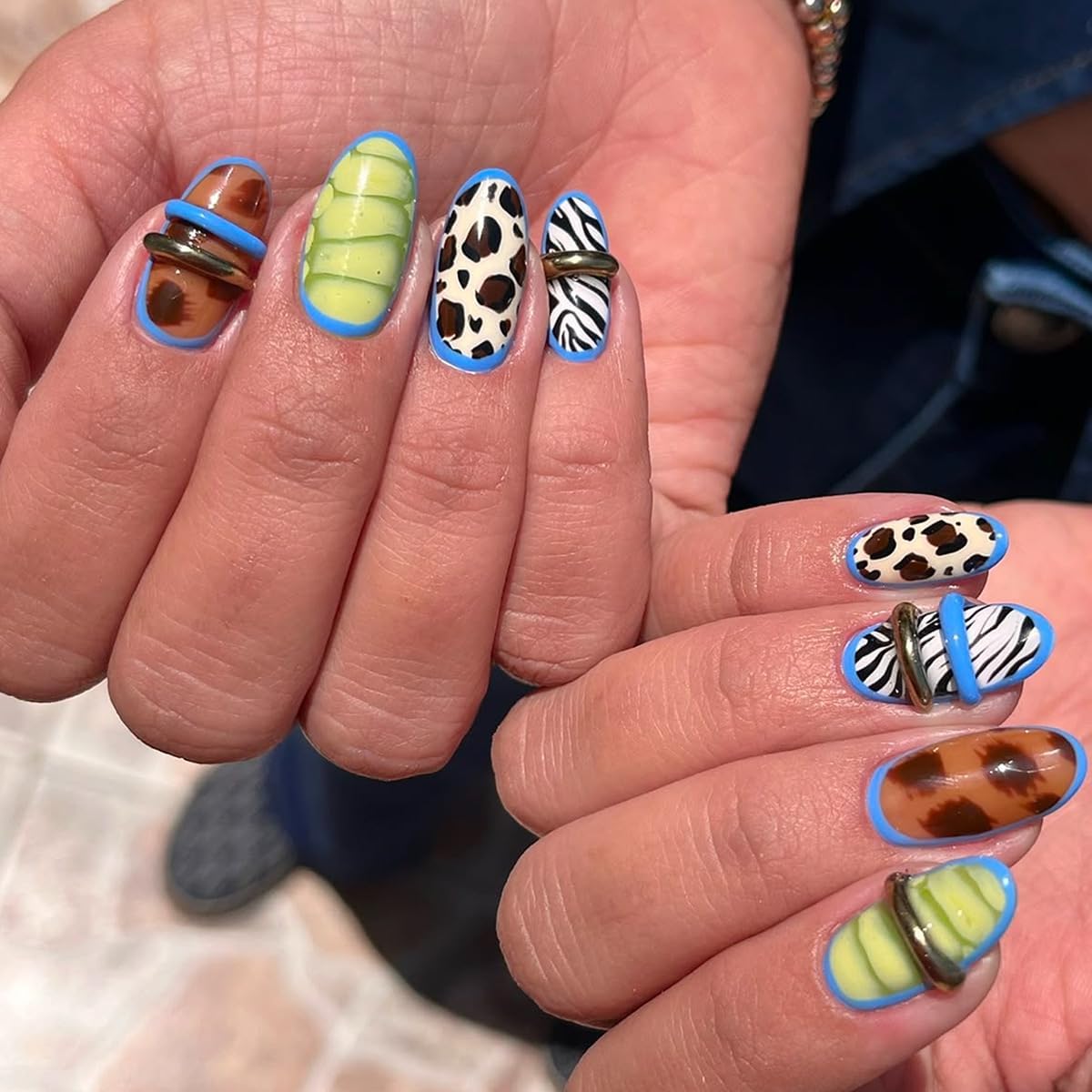 plalely Almond Press on Nails Medium Funny Fake Nail with Turtle，Zebra，Leopard Stripe Acrylic Nail Press ons Stick on Nails for Women 24pcs