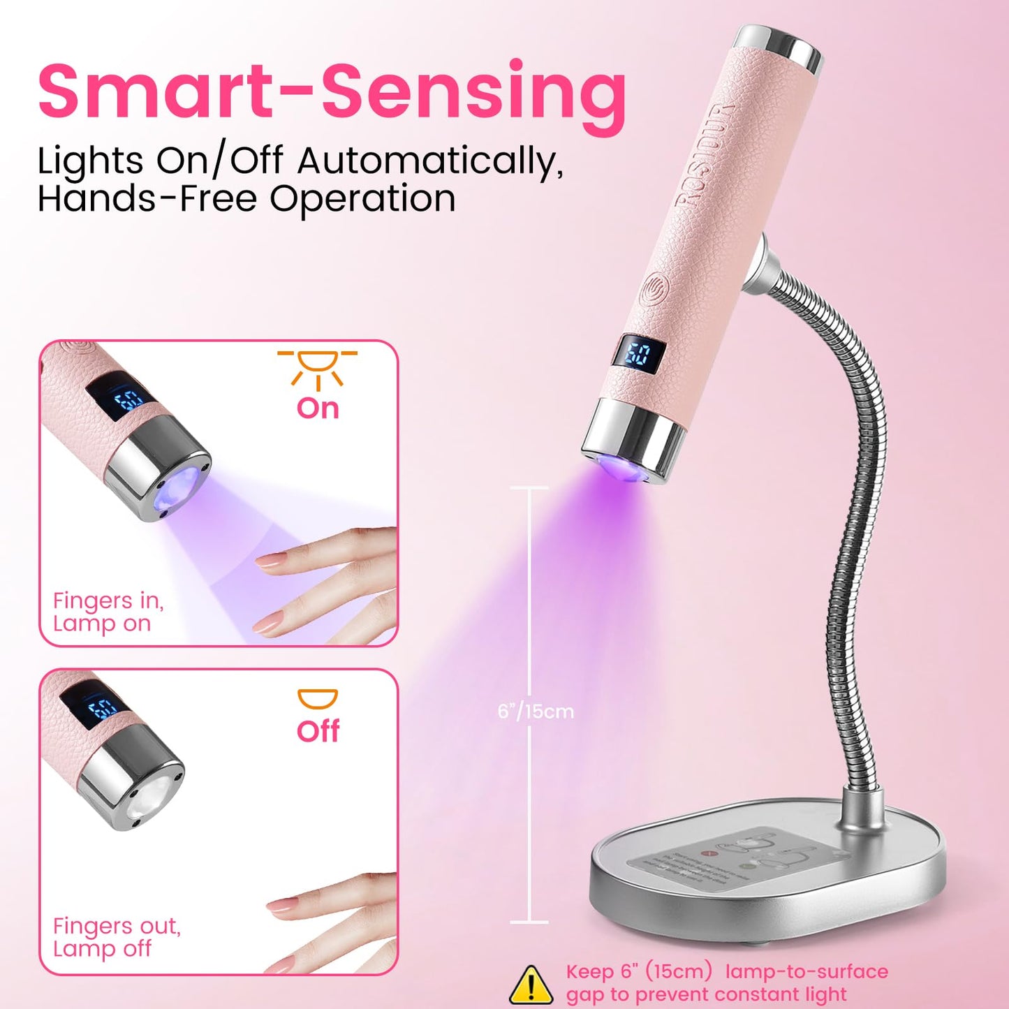 Rosiour Mini U/V Lamp for Gel Nails- Rechargeable Handheld Nail U V Led Curing Light with Stand- Flash Cure Fast Dry U/V Lamp with Auto Sensor for Home Manicure and Salon (Pink)