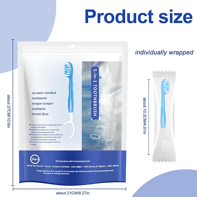 5 in 1 Mini Disposable Toothbrushes with Toothpaste Individually Wrapped Portable Travel Toothbrush with Toothpaste + Tongue Scraper + Picks+Floss Travel Case (Mint, 26)