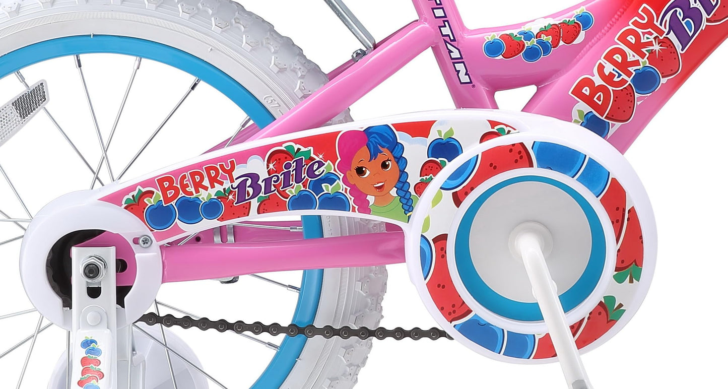 Titan Girls BMX Bike for Kids Ages 4-7, 16-Inch Wheels, 9-Inch Frame, Training Wheels, Toy Seat, Doll Basket, Streamers, First Bike, Princess Bicycle, Gift for Girls (Berry Brite Multicolor Bundle)