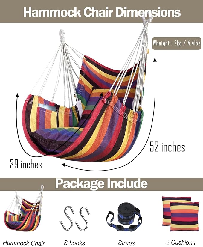 Halalona Hammock Chair Hanging Hammock Chair Rope Swing 2 Cushions Included-Sturdy & Durable Soft Cotton Hand Woven Hammock Swing for Bedroom, Porch, Patio-Indoor/Outdoor