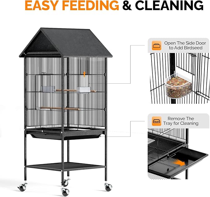 VINGLI 50" H Bird Cage, Bird Cages with Wheels for Parrots, Cockatiels, Budgies, Lovebirds, Small/Medium Birds (50" H with Spire Roof)