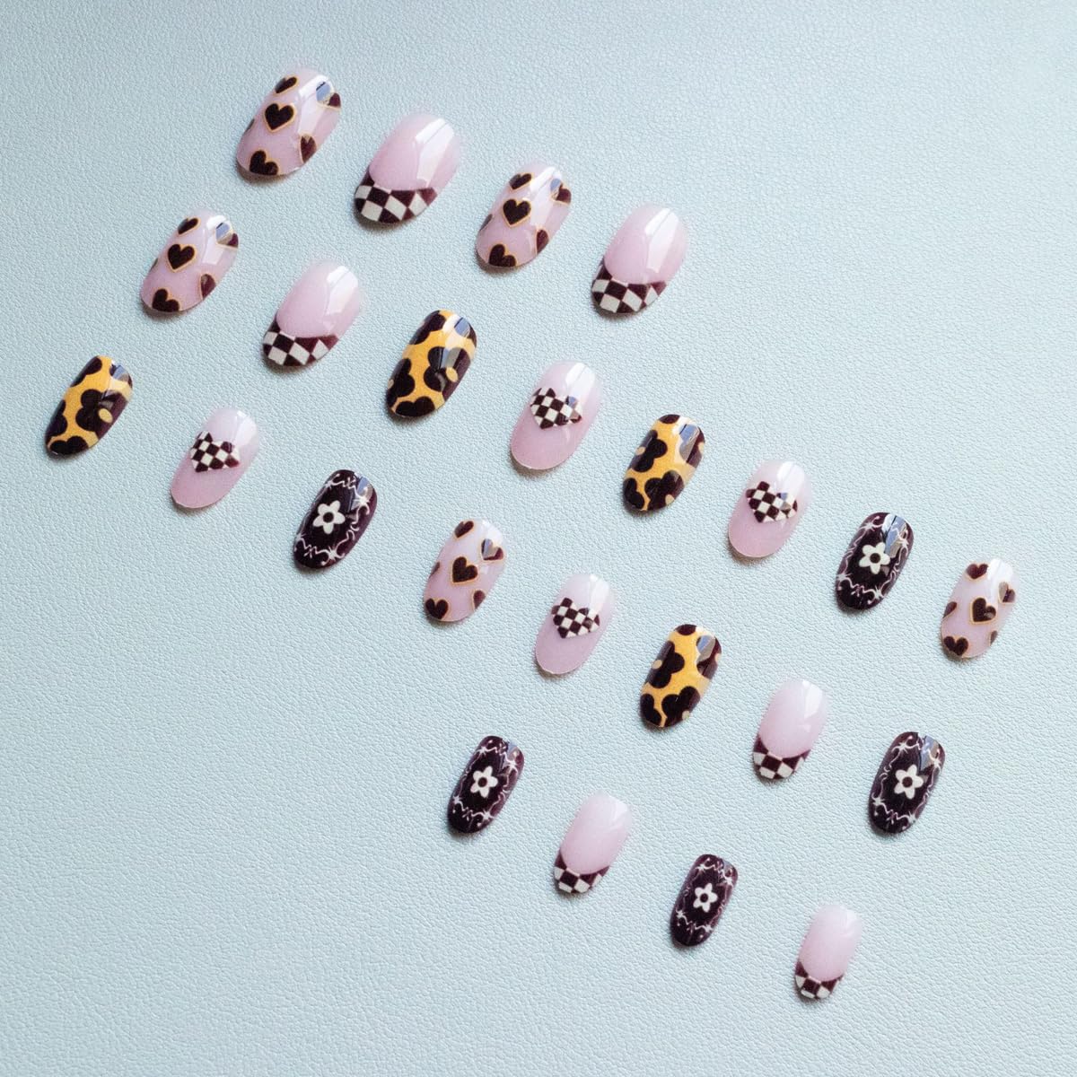 Brown Press on Nails Medium Oval Fake Nails French Tip Nails Press ons with Flower, Checkered Heart Design,Cute Reusable Artificial Nail Full Cover Stick on Nails for Women Manicure 24Pcs