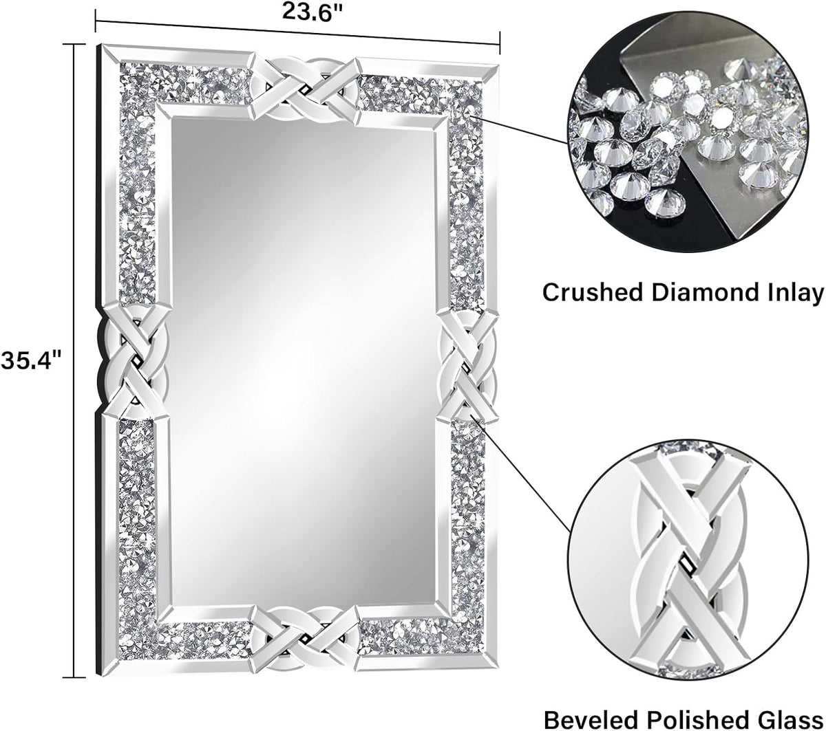 Crushed Diamond Decorative Wall Mirrors, 24x36 Inch Rectangle Living Room Mirrors for Wall Decor, Modern Glam Bathroom Dining Room Entryway Mirror Silver