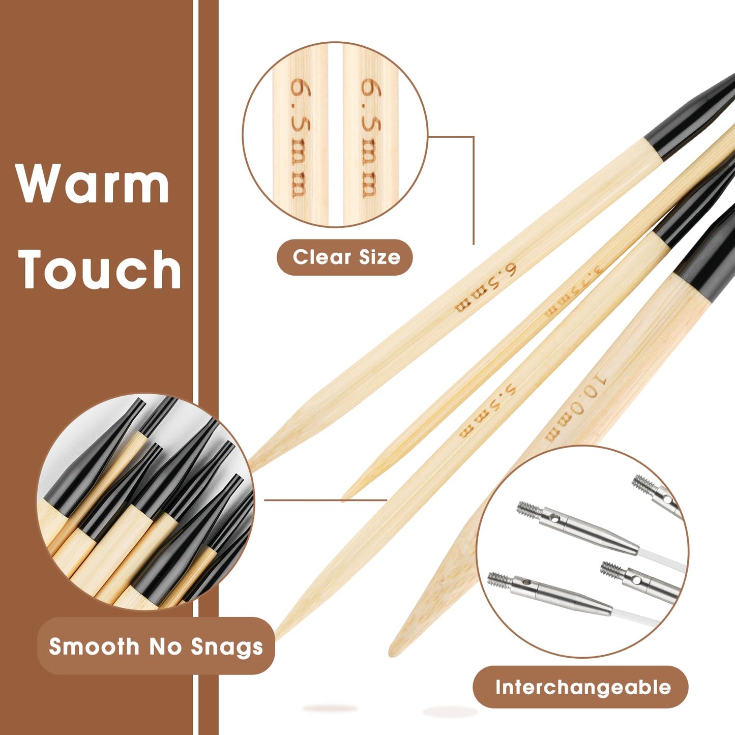 Guclud Bamboo Knitting Needles Set, 5-Inch Interchangeable Circular Knitting Needles US 4-15 (3.5-10mm),12 Pairs of Hand-Polished Circular Needles, 4 Cables, Accessories & Case (Black Tip)