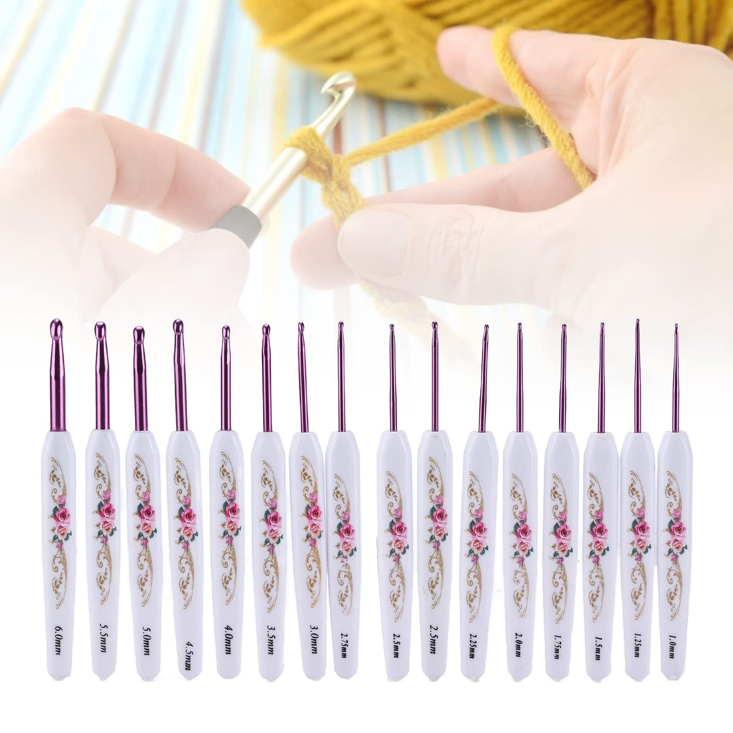 Crochet Hooks Needles,16 Pcs Cute Needles for Arthritic Hands,Extra Long Chinese Style Crochet Hook Set Flower Pattern Ergonomic Soft Grips Knitting Hook for Crochet Yarn Craft (Pink)