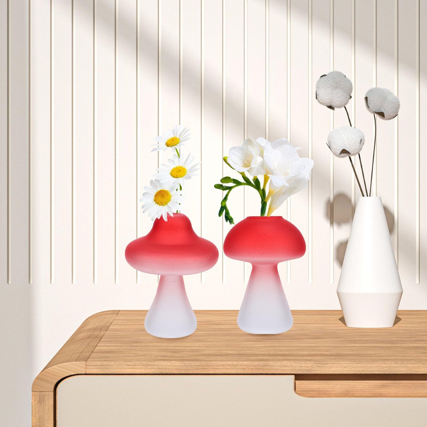HEANUJJ Glass Mushroom Vases 3pcs Set, Red Small Decorative Glass Terrarium Vases for Hydroponic Plants, Creative Desktop Flower Centerpiece for Home and Office Decor