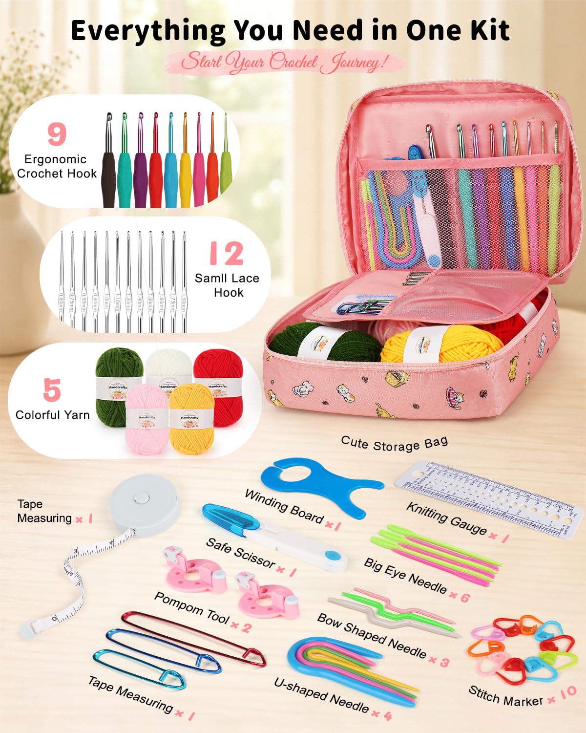 Aeelike Crochet Kit for Beginners Adults, Crochet Kits Include Yarn, 59pcs Crochet Starter Kit for Beginners,Ergonomic Crochet Hooks 2.0-6.0 mm, Lace Steel Needles 0.6-1.9 mm
