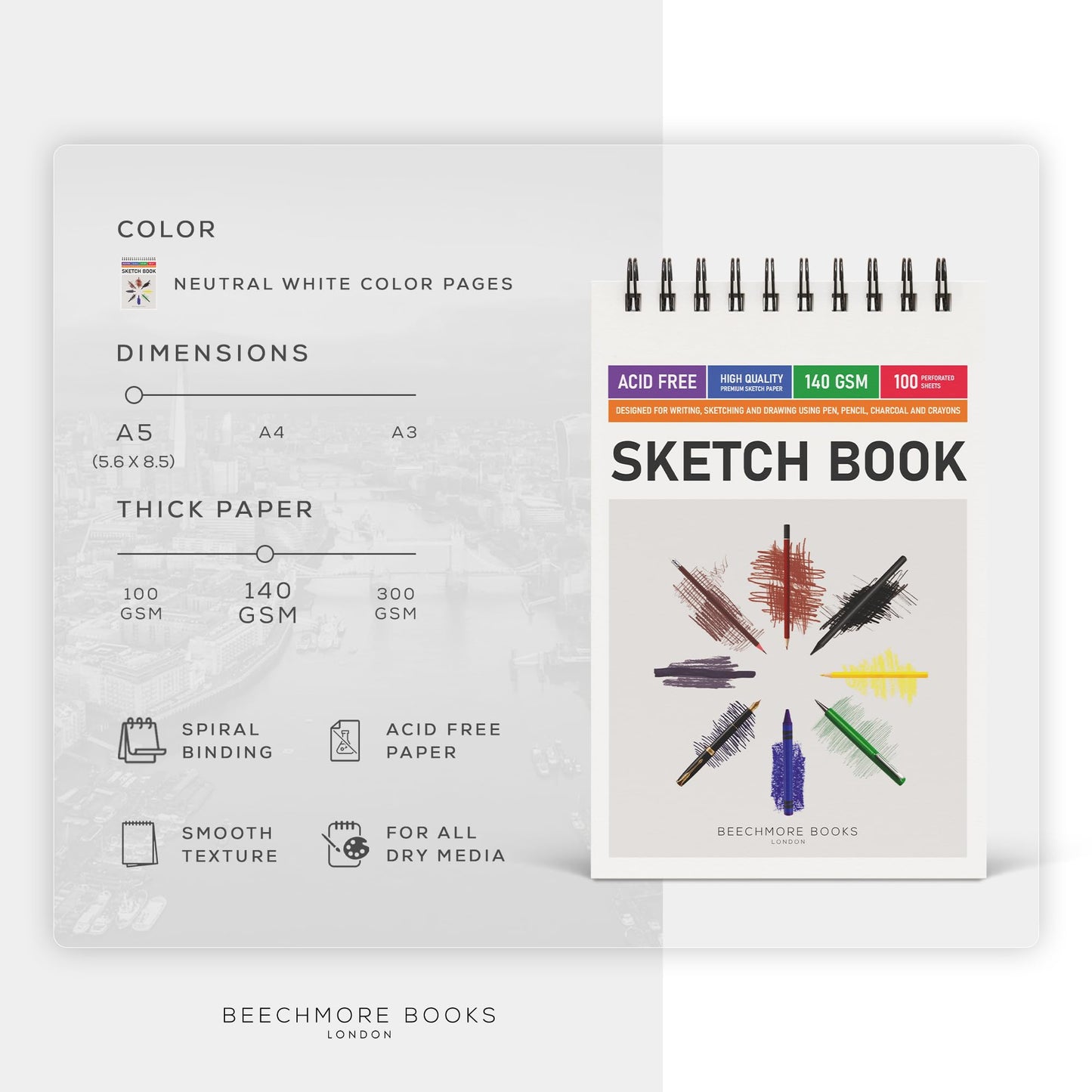 BEECHMORE BOOKS 5.6"x8.5" Spiral Sketchbook – 140 GSM Acid-Free Paper, 100 Perforated Pages, A5 Art Sketch Pad for Drawing & Sketching, Artists, Adults