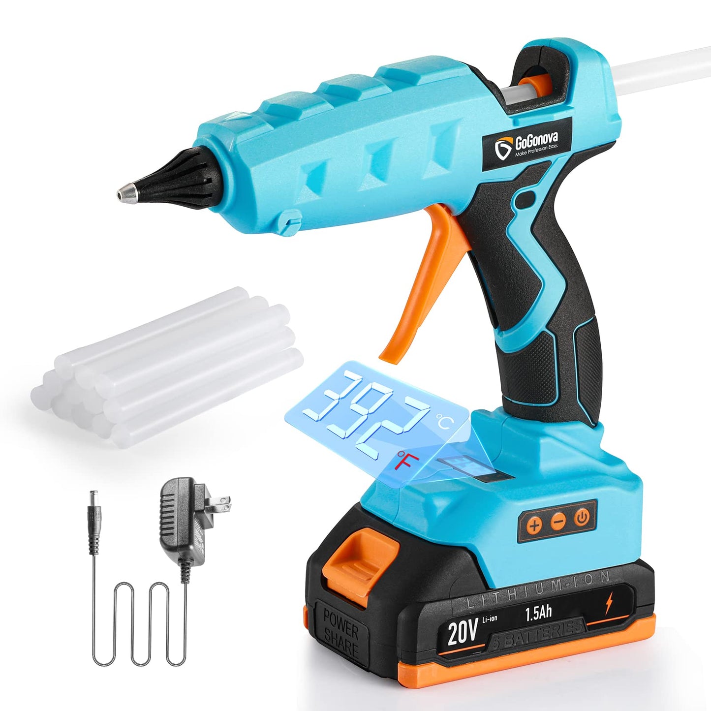 Full Size Cordless Glue Gun, GoGonova 20V Temp Adjust LCD Digital Display Fast Heating Accurate Dual Temp, Dripless Full Size Heavy Duty Hot Gun Kit with 12 Pcs Sticks (Battery Included)