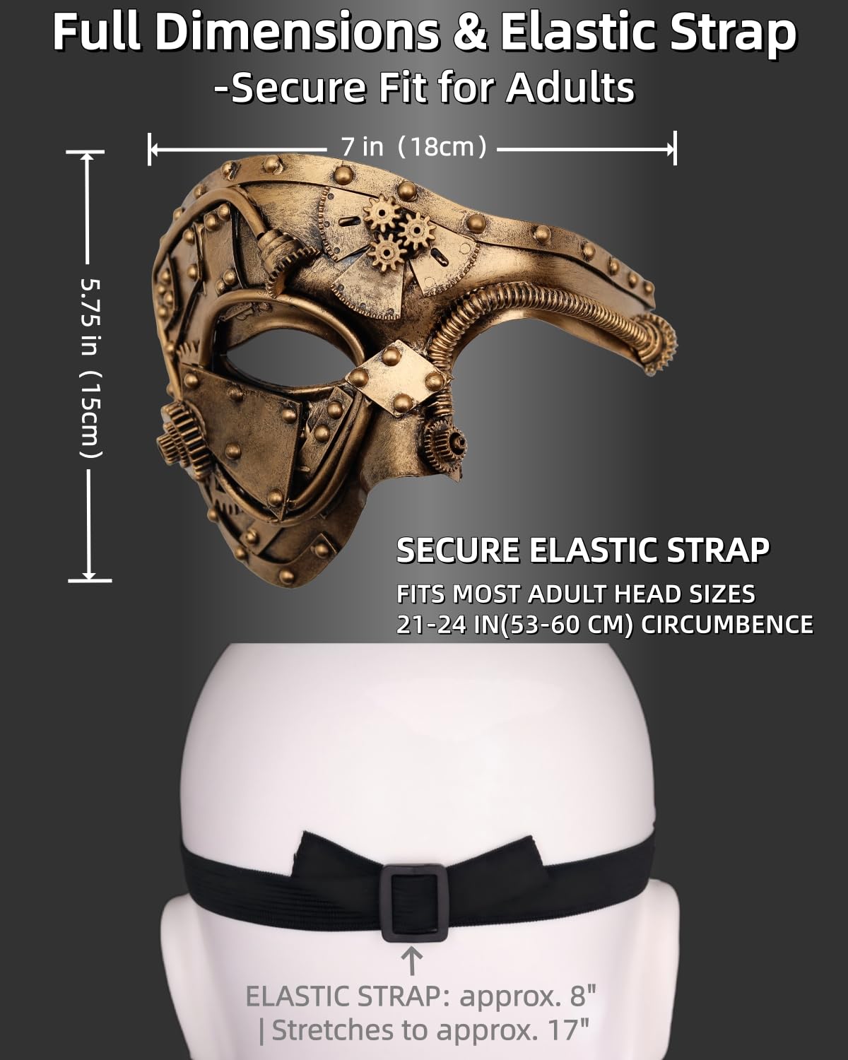 Ubauta Steampunk Cyborg Mask for Halloween: Handcrafted Plastic with Gold Metallic Finish - DIY Repair Strip & Adjustable Fit
