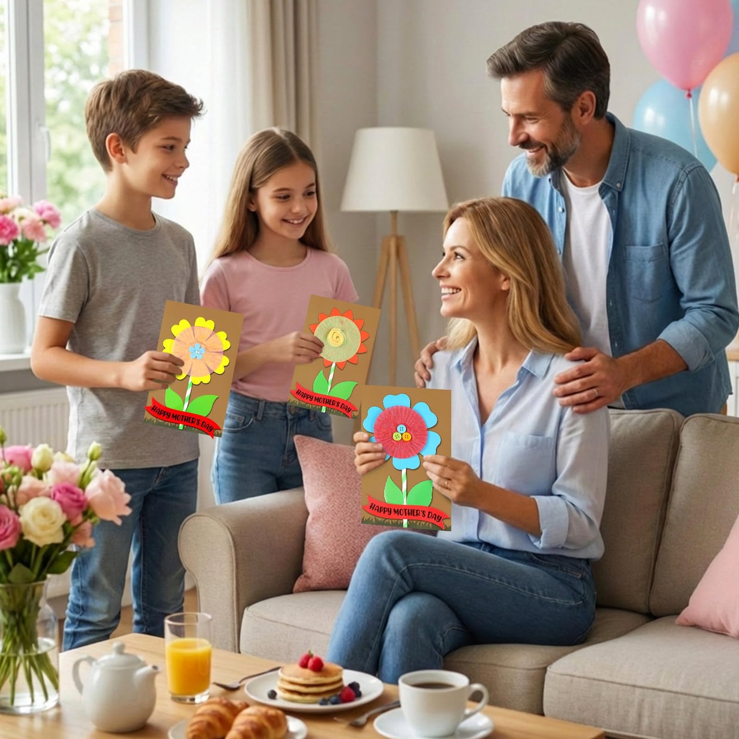 Engrowtic 48 Pcs DIY Mother's Day Flower Craft Kit Happy Mother's Day Card Making Kit with Blessing Message Envelope Make Your Own Flower Greeting Card for Gifts Classroom School Home Activities