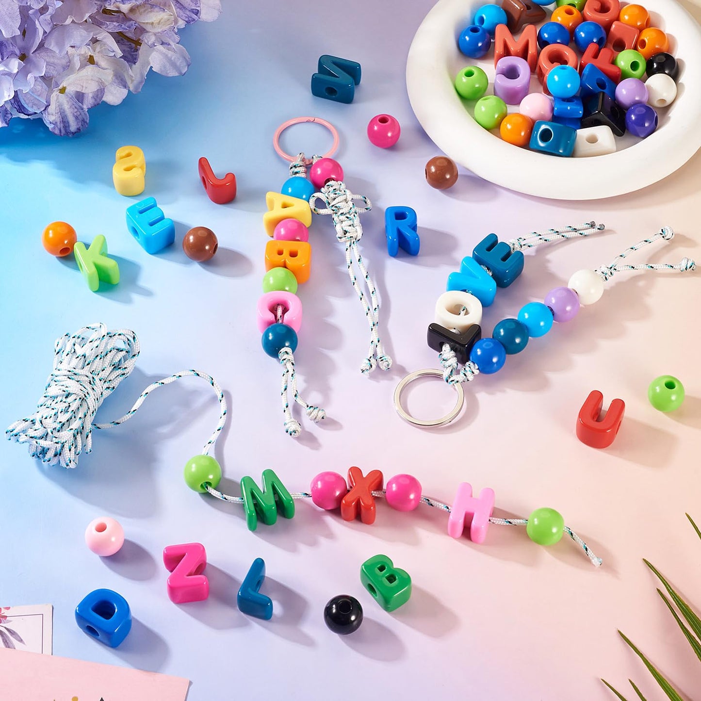 FASHEWELRY 56Pcs European Round Beads Large Acrylic Letter Beads with Large Hole Bracelets Making Kits Plastic Letter Blocks Charms 3D Letters Chunky Bead for Key Chains Necklace DIY Arts Craft