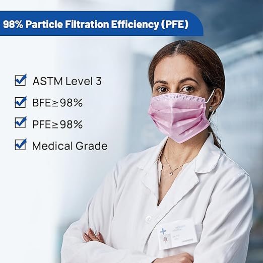 JMU 500 Pcs Pink Disposable Face Masks, 4-Ply Protection ASTM Level 3 Medical Face Masks for Adult