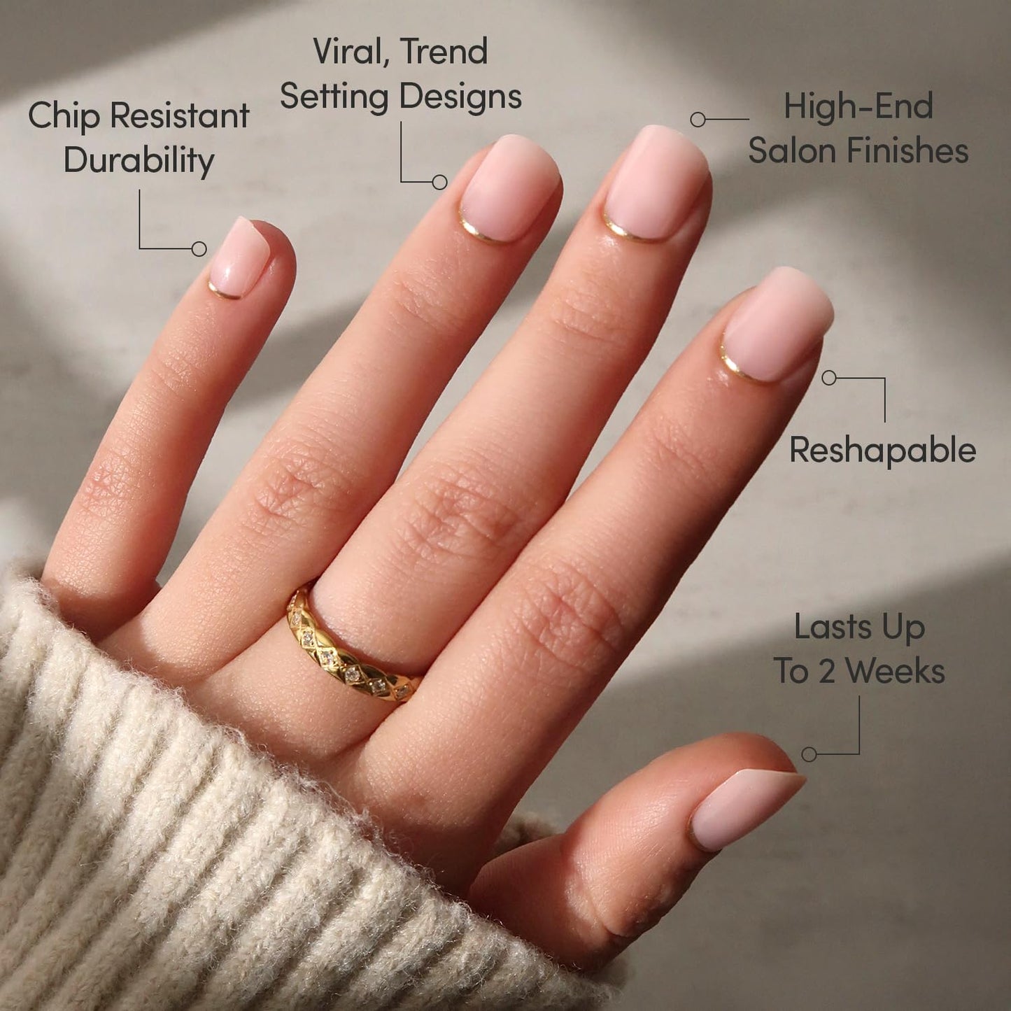 Glamnetic Press On Nails - Super Short Round Fake Nails, Nude Neutral Nails with Gold Reverse French Tip, Quiet Luxury | 12 Sizes - 30 Nail Kit with Glue | Gift for Mom