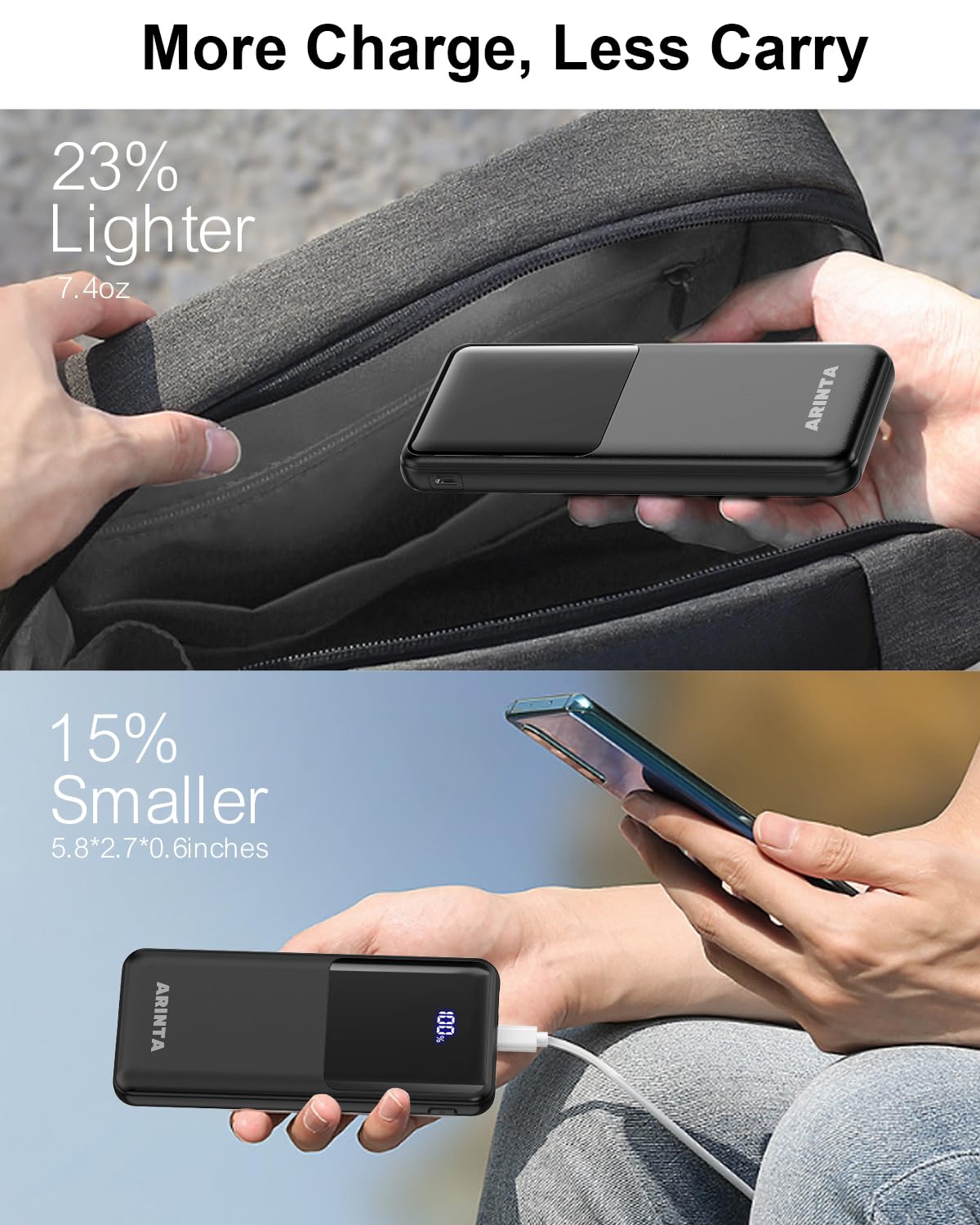 ARINTA Power Bank Portable Charger 10000mAh PD 22.5W Battery Pack, LED Display & USB-C in/Out, Travel Essentials, Compatible for Smartphones, Tablets & More (Black)