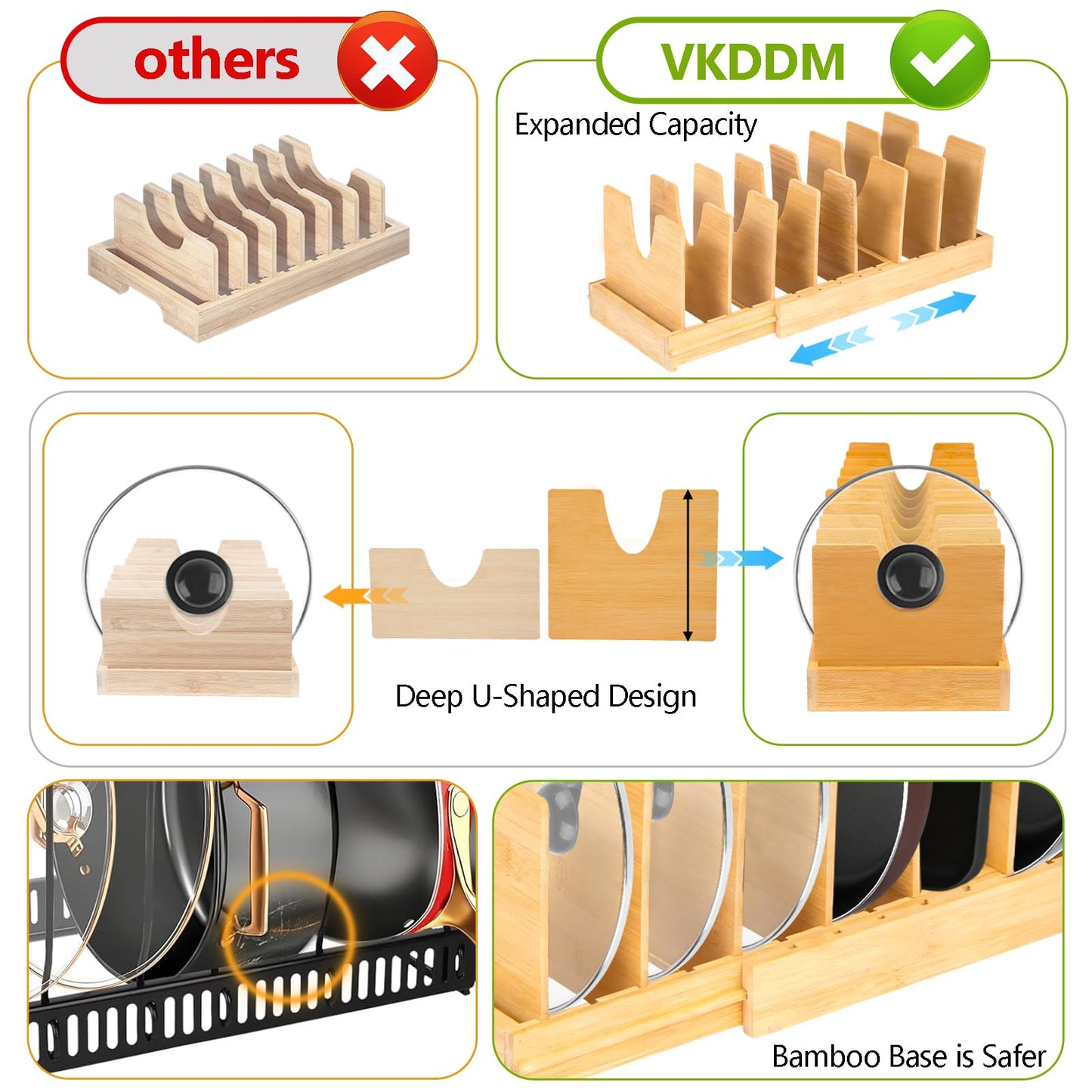 VKDDM Pots and Pans Organizer for Under Cabinet - Expandable Bamboo Pot Lid Organizer, Pan Organizers inside Cabinet, Drawer Pot Lid Holder Rack for Kitchen Organization and Storage