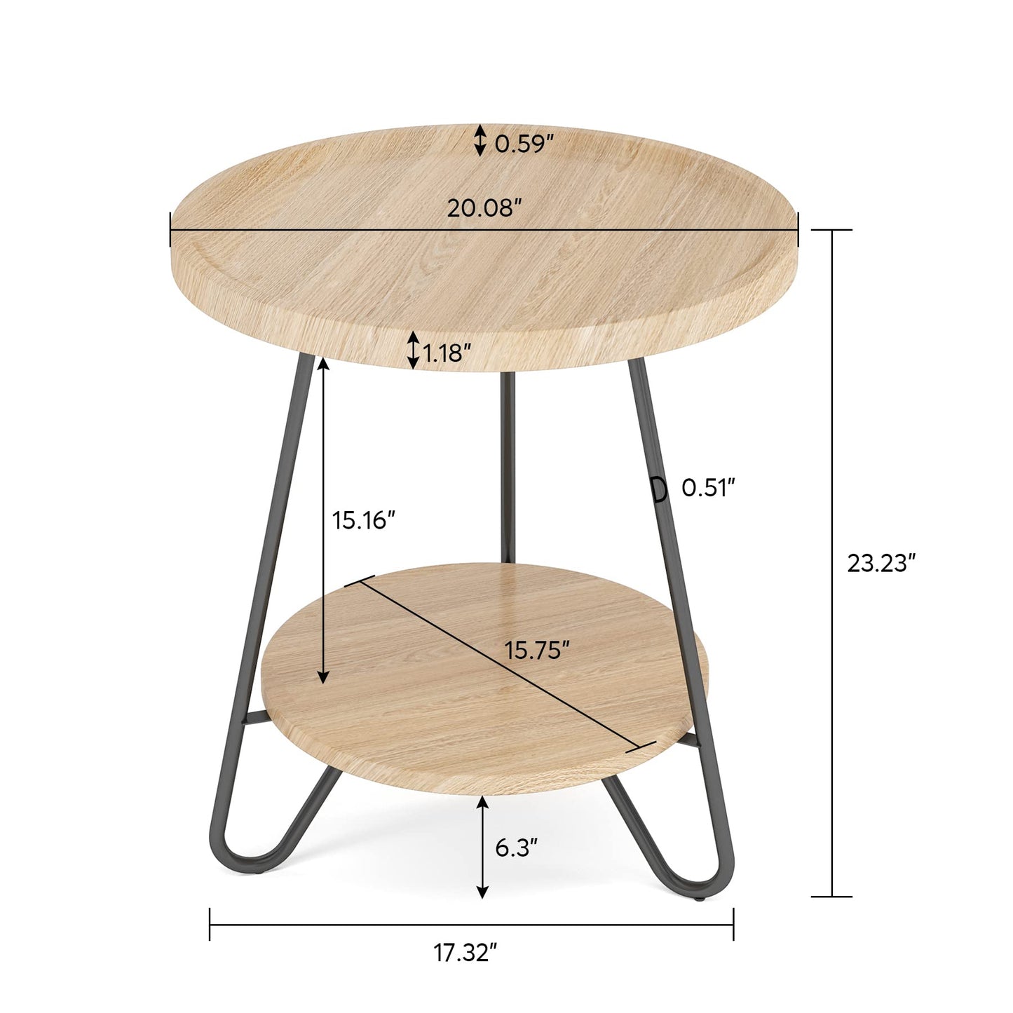 Tribesigns Round Side Table, 2-Tier End Table with Metal Legs, Modern Industrial Beside Table, Small Accent Table Snack Table for Living Room, Bedroom, Small Space, Easy Assembly, Wood Color