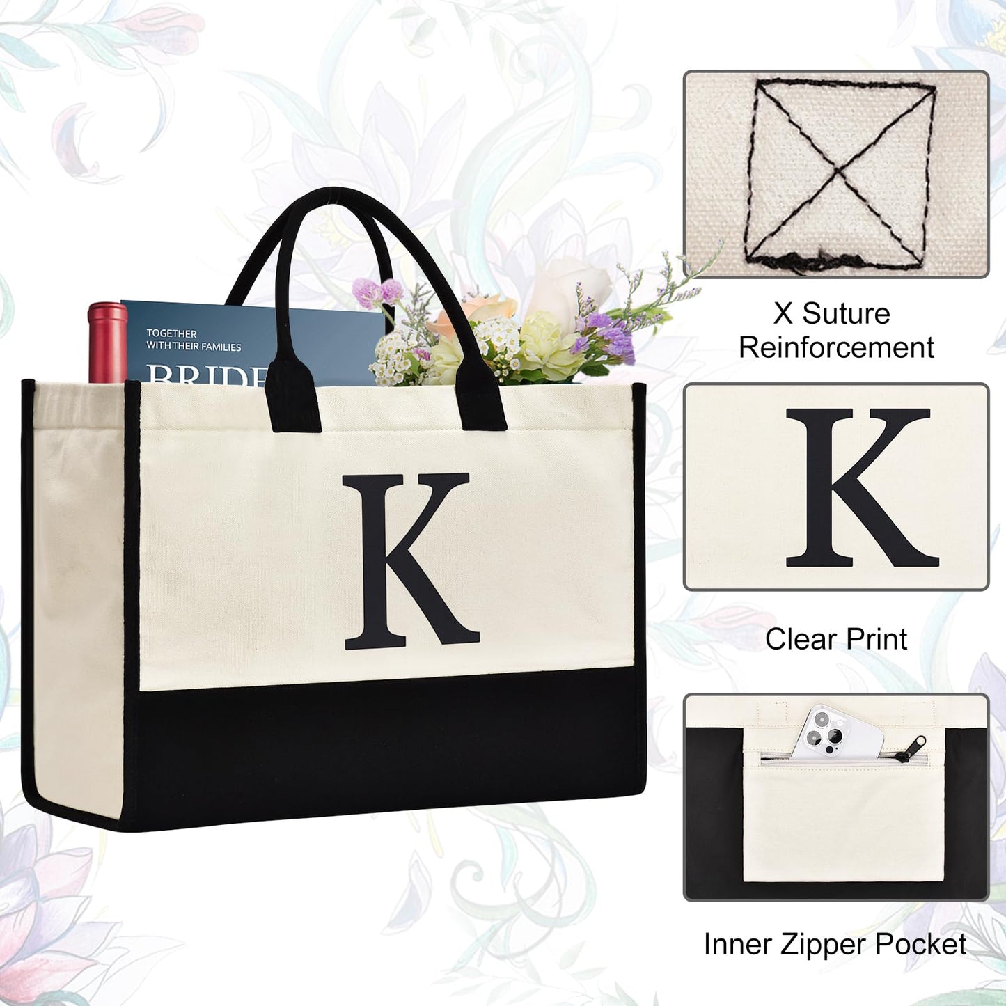 GASSDA Initial Canvas Tote Bag, Birthday Gifts For Women, Monogram Personalized Gifts For Women Mom Teachers Bridesmaids (K 3PCS)