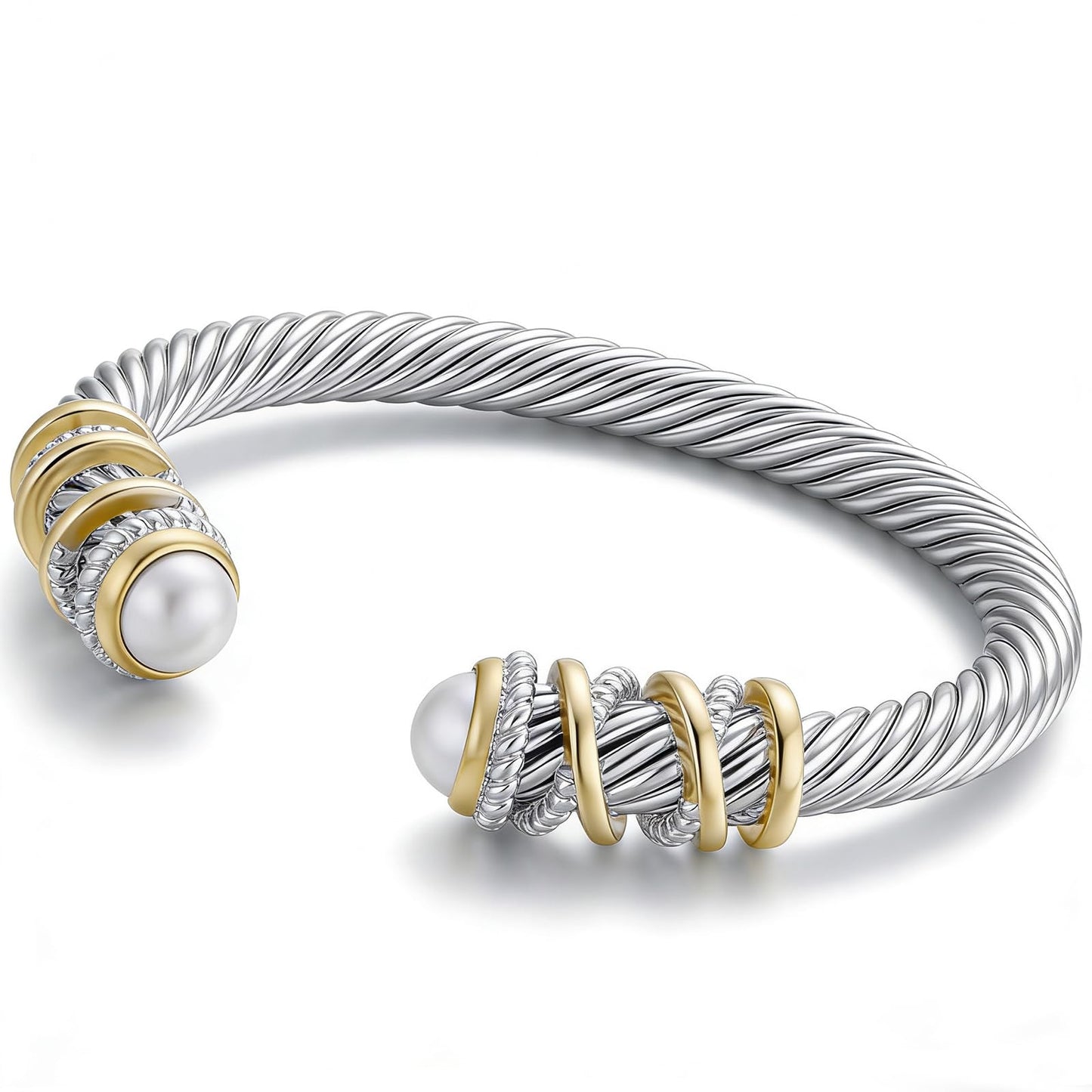 Twisted Cable Open Cuff Bangle Bracelets for Women, Gold Plated Jewelry with Composite Shell Pearl, Adjustable Stainless Steel Bangle for Timeless Elegance