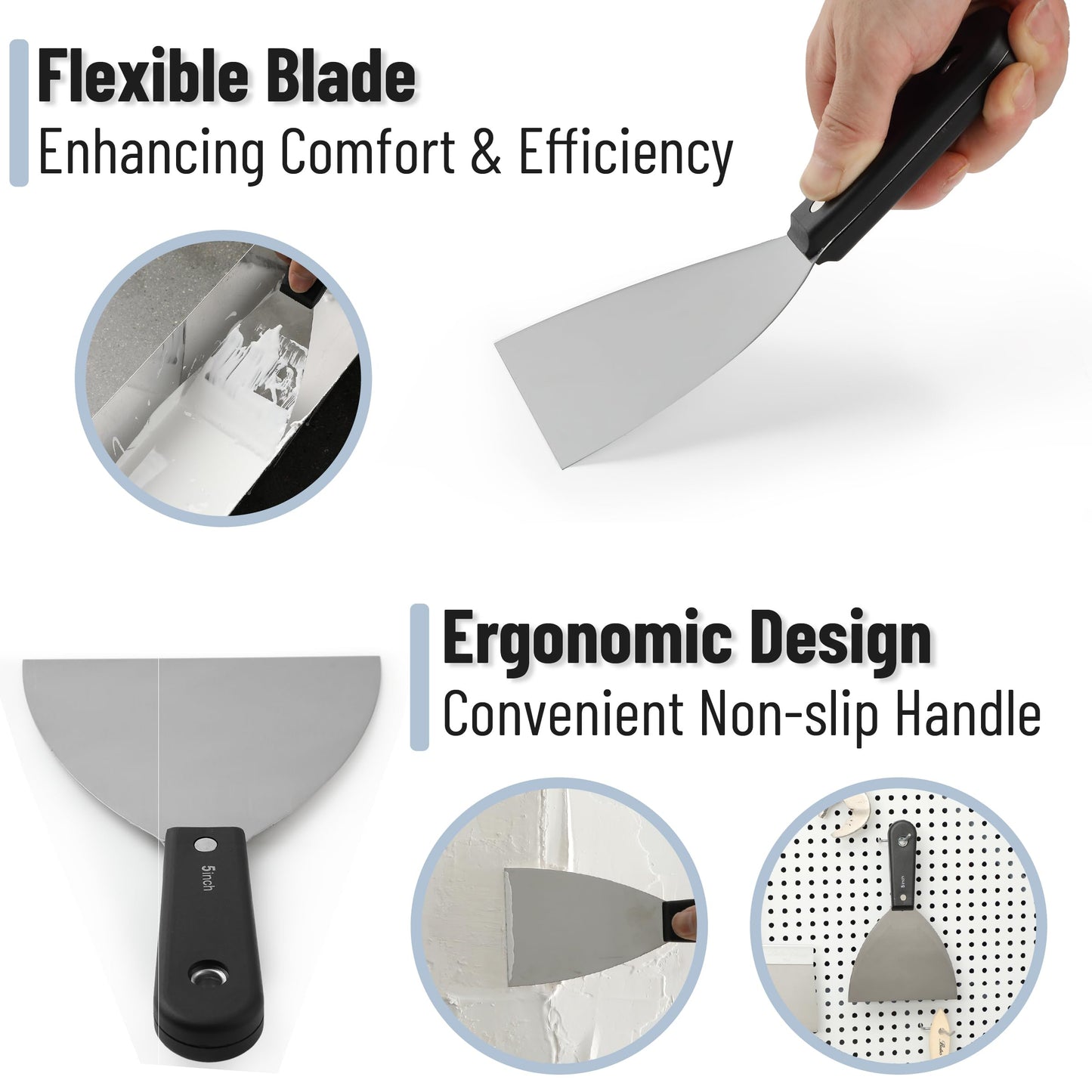 Bates- Putty Knife Set, 7 pcs, Stainless Steel, 1" 1.5" 2" 2.5" 3" 4" 5" Flexible Metal Scraper, Drywall Spackle Knife, Metal Paint Scraper Tool, Putty Knife Scraper, Wall Scraper, Drywall Knife