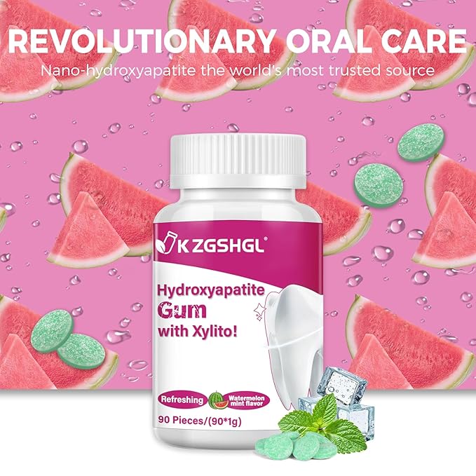 Hydroxyapatite Gum, 90 Pieces, Good for Teeth Remineralization, Sugar-Free Watermelon Chewing Gum with Xylitol, Two pills after meals to freshen breath and clean teeth