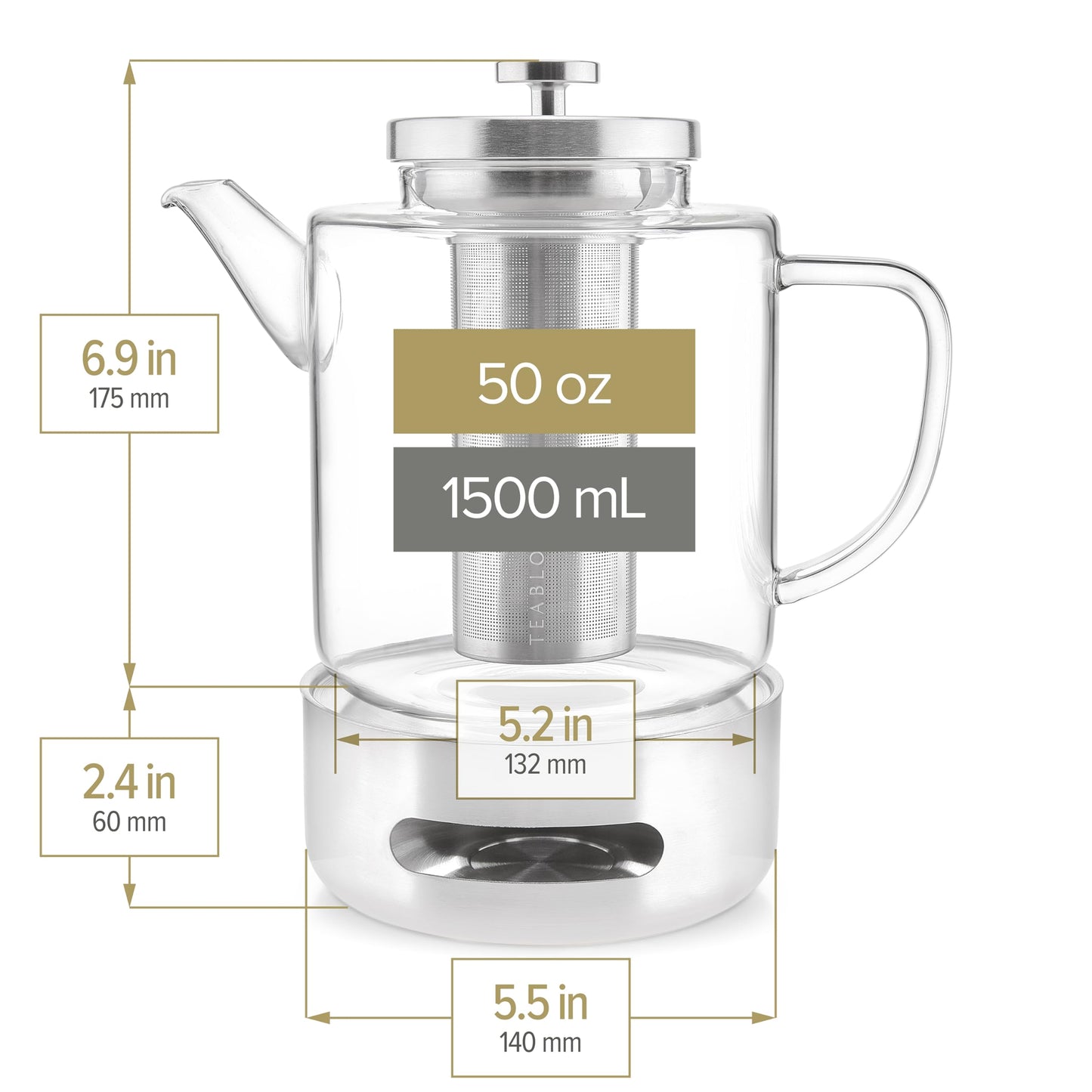 Teabloom Joyful Warmth Teapot with Tea Warmer – 50 oz (6+ Cups) Hand-Blown Borosilicate Glass, Stainless Steel Loose-Leaf Infuser, Heat-Resistant Kettle, Elegant Gift Set for Tea Lovers
