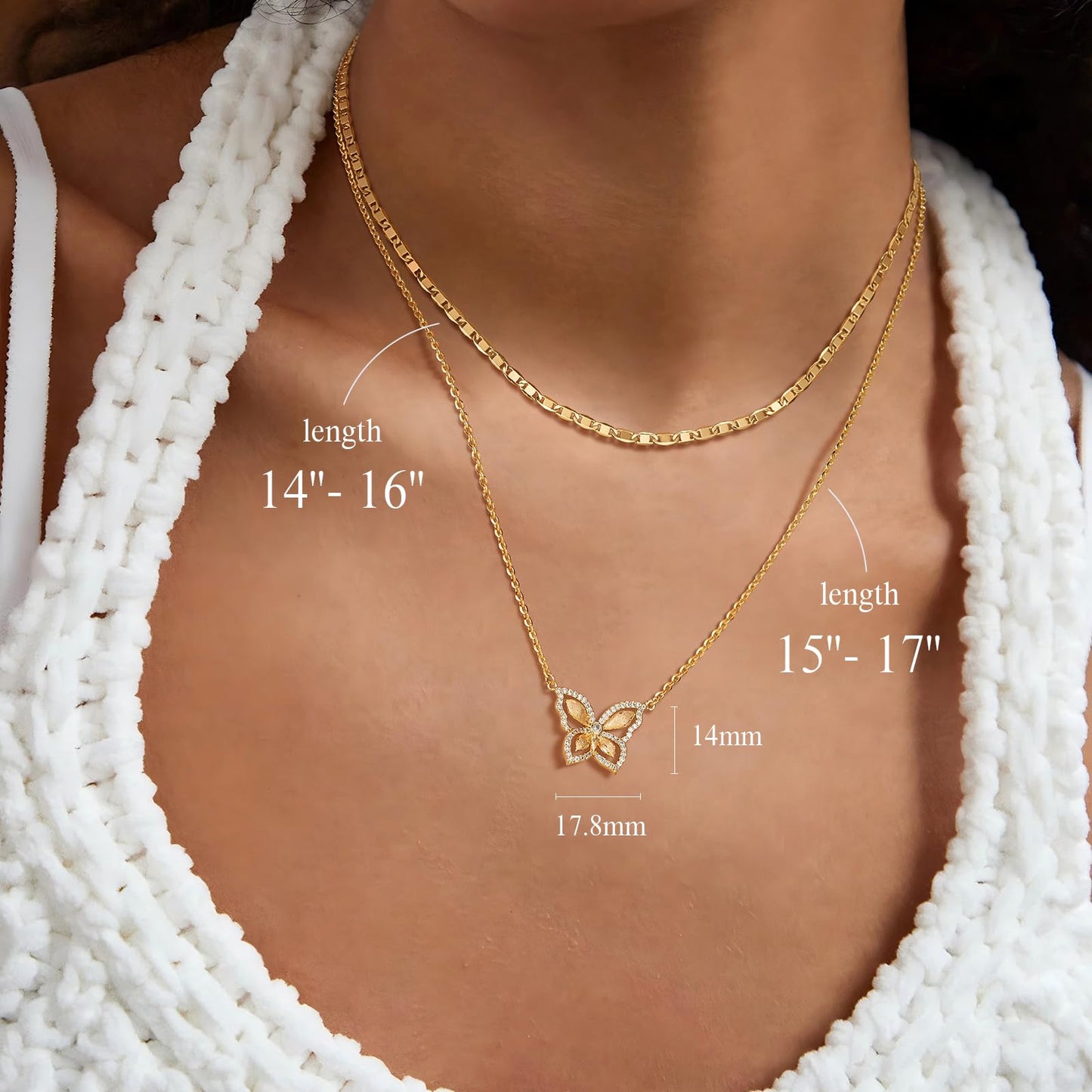 MEVECCO Gold Butterfly Layered Necklace for Women 18K Gold Plated Dainty CZ Charm Cable Choker Chain Double Layer Pendant Necklace Stack Minimalist Handmade Layering Jewelry Set Gift