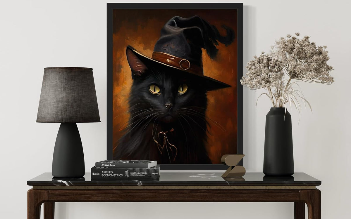 Witch Cat Poster Art Print, Halloween Scary Vintage Wall Art Academia Spooky Painting Decoration for Horror Prints, Gothic Posters Bedroom Decor 89 (Witch Cat, 16 x 20 inches, Black Frame)