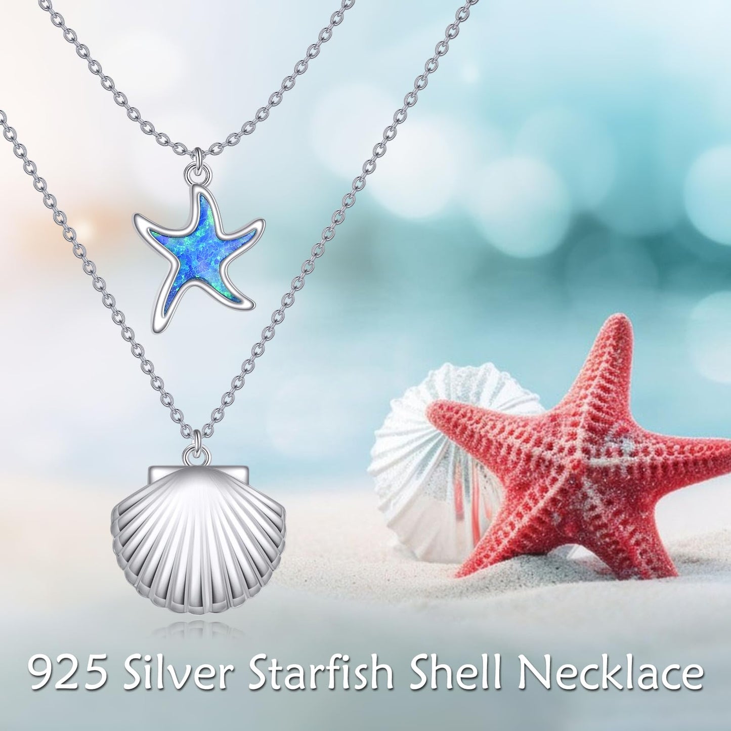 LUHE Starfish Necklace Sterling Silver Shell Pendant Blue Opal Sea shell Jewelry Ocean Necklace Gift for Women