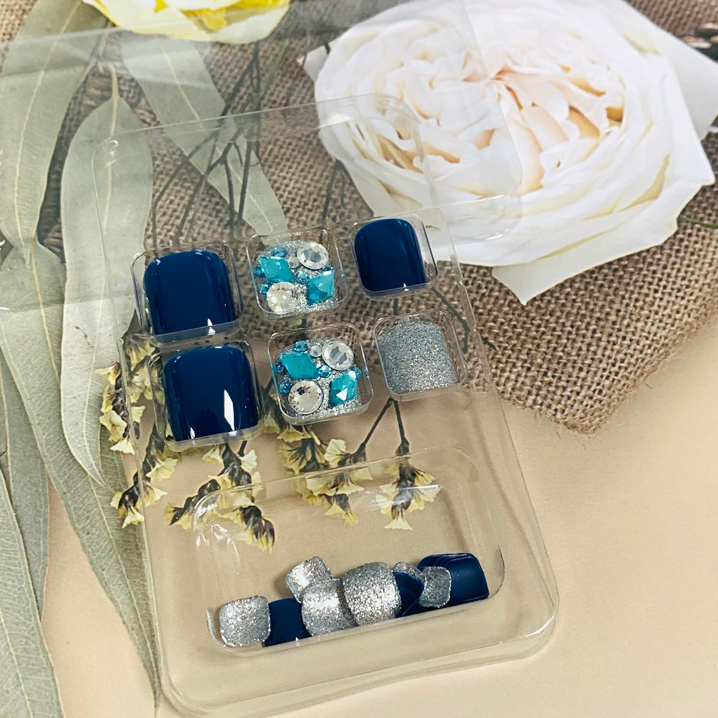 FIEONCIY 24pcs Press-on Square Acrylic False Nails Set with Glue, Blue Rhinestone Pattern, Full Cover, French Style, Spring & Summer, Multicolor, Women's Nails