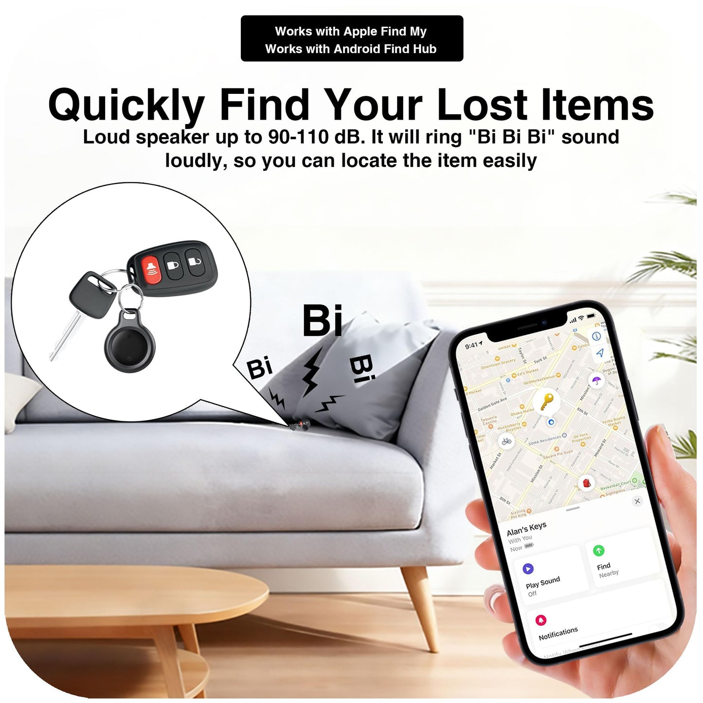 Bluetooth Tracker Works with Apple Find My & Android Find Hub – Key Finder for Keys & Pet Collar, No Monthly Fee, Loud Alarm, Replaceable Battery(2 Pack, Black)