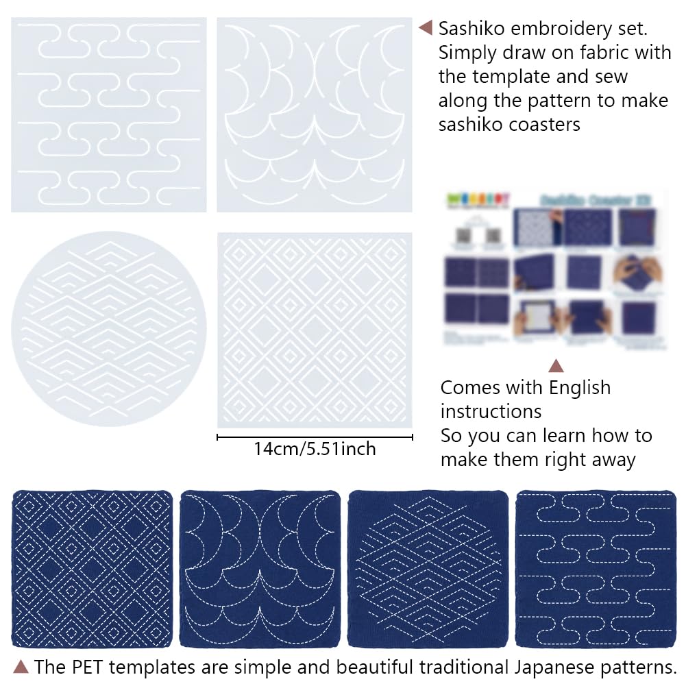 WEBEEDY 4 Sets Sashiko Starter Coaster Kit for Beginners, Japanese DIY Tea Mat Sewing Kit with Sashiko PET Templates, Needles, Thread for Table Cup Mat Embroidery Christmas Craft Decor Gift