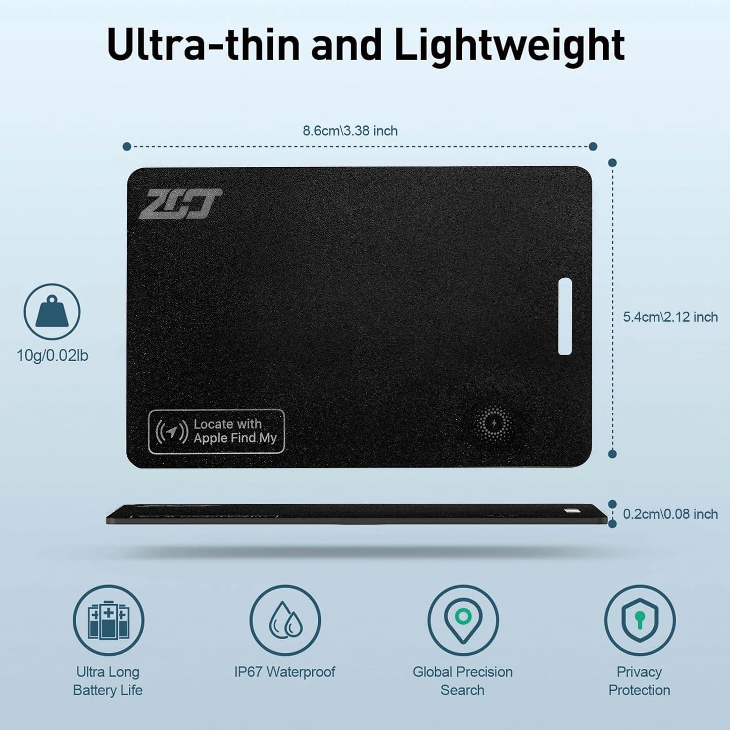 ZCJ Wallet Tracker Card, Compatible with Find My App(iOS Only), for Luggage Tag, Purse, Passport,Key,IP67 Waterproof,Slim Smart Bluetooth Tracking Tag with Key Chain Hole (Recharge Version -1 Pack)