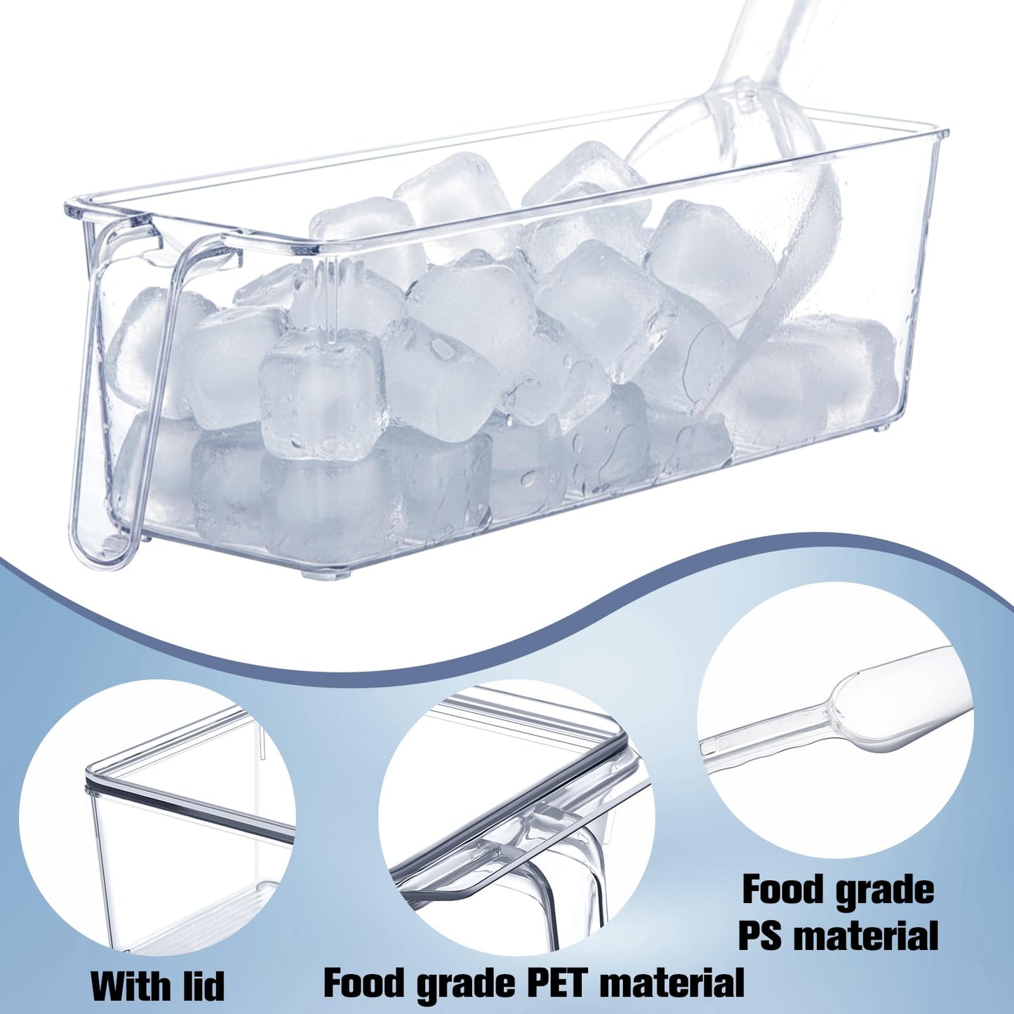 Havawish Ice Storage Bin for Freezer with Lid and Flexible Scoop Set Plastic Ice Container with Lid Handle for Home Office Fridge Storage (12.4 x 3.94 x 3.94 Inches,Clear,2 Pcs)