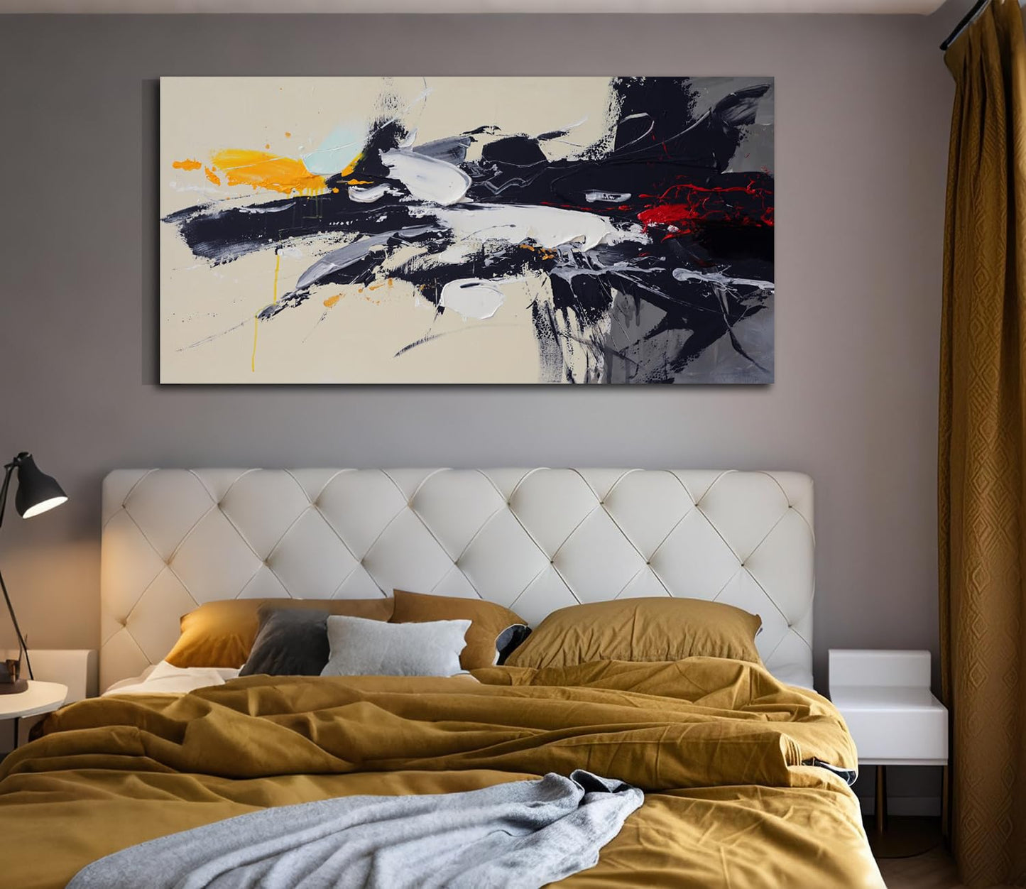 Acocifi Large Graffiti Abstract Canvas Wall Art 58''x29'', Living Room Hallway Wall Decor, Textured Modern Black and White Painting, Neutral Beige Picture, Artwork Framed for Bedroom Home Office