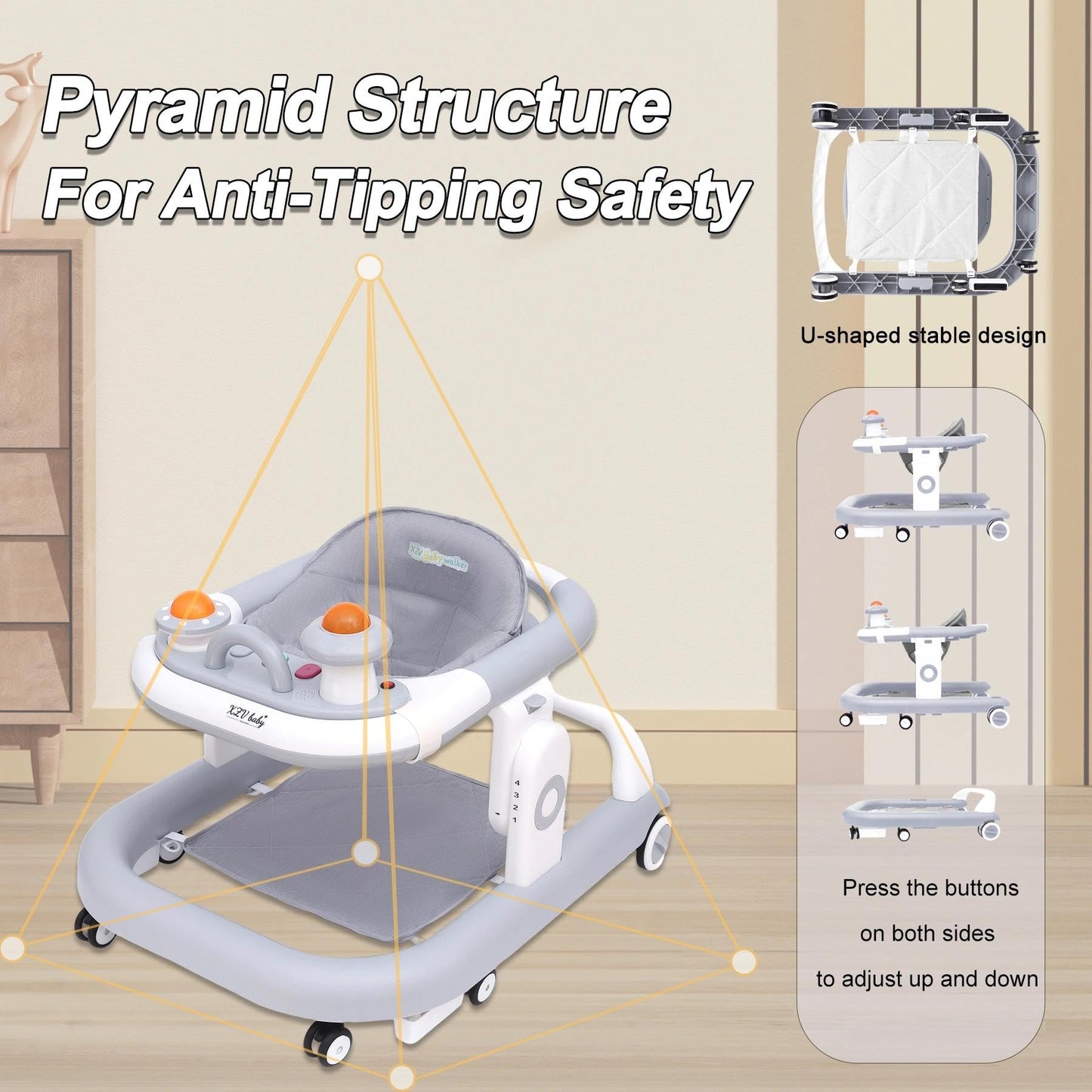 5-in-1 Baby Walker with Wheels Foldable Height-Adjustable Walker for Baby Boy 6-12 Months with Feeding Tray Multi-Functional Activity Center (Grey)