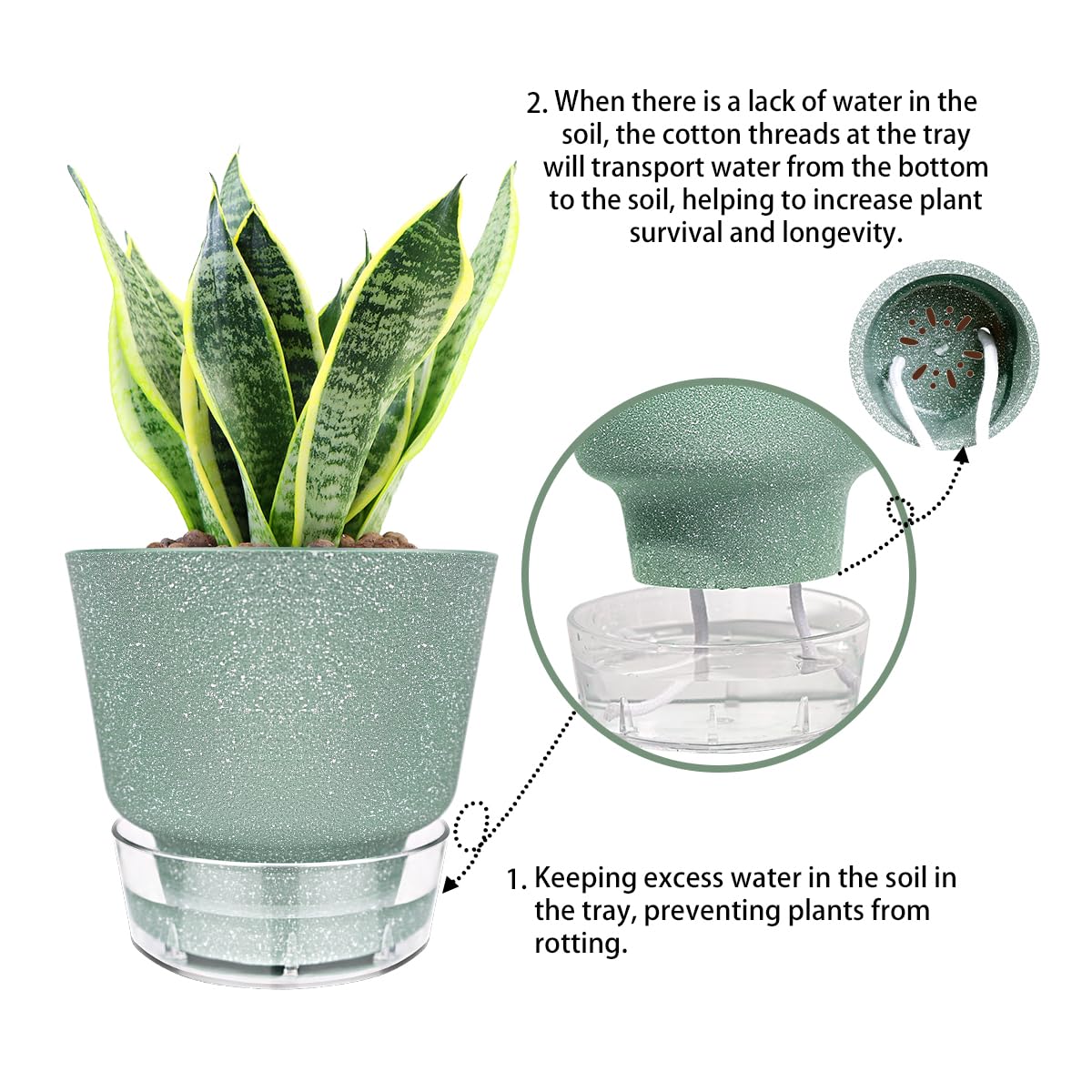 HYNZ 2024 Upgraded 5 Pack 6-Inch Self-Watering Planter Pots with Deep Reservoir for Indoor and Outdoor Plants with Planting Tools (Frosted White)