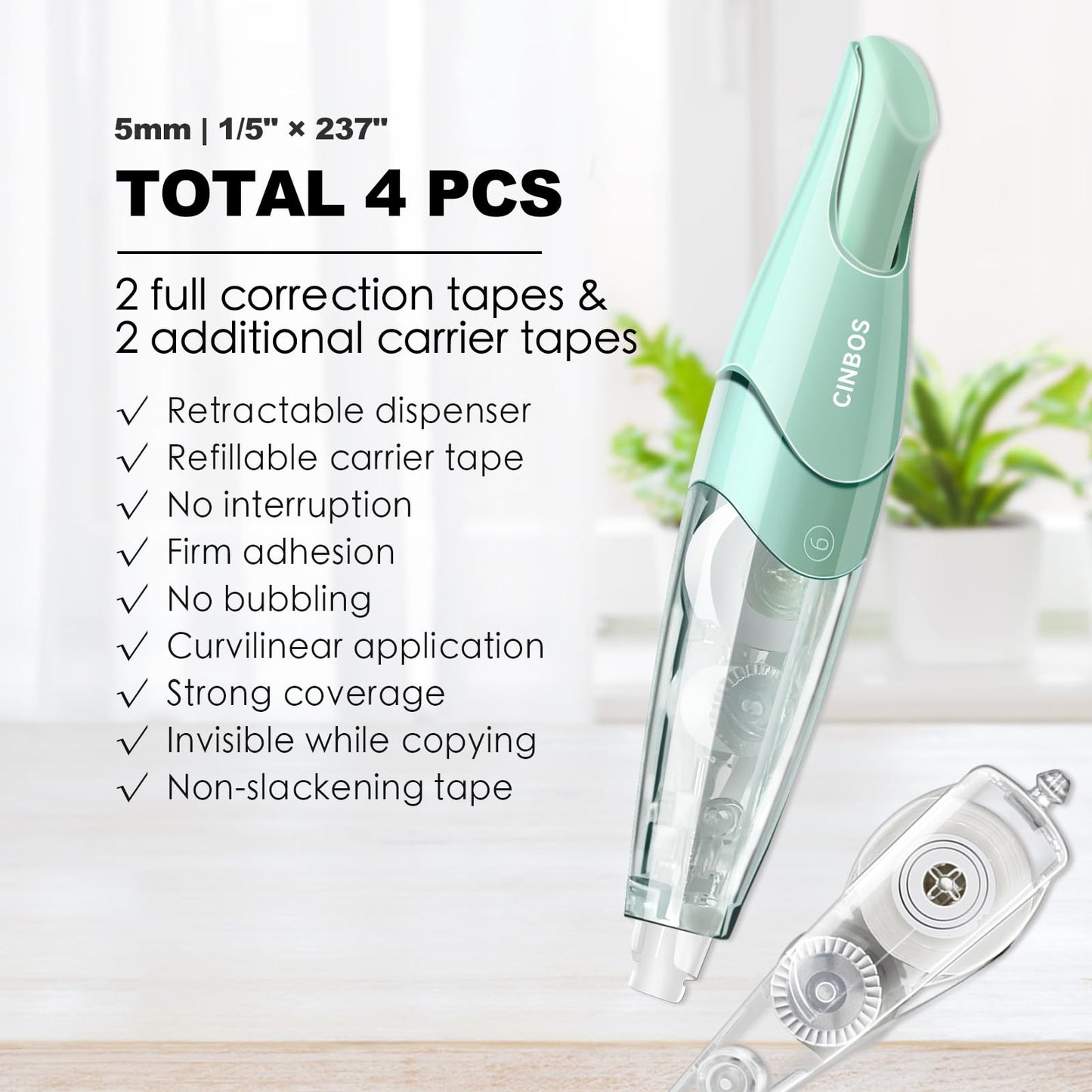 CINBOS Refillable Retractable Correction Tape with 2 Extra Refills, White Smooth Pull Out Cute Correction Tape for Office Supplies, 4 PCS (CS-25)